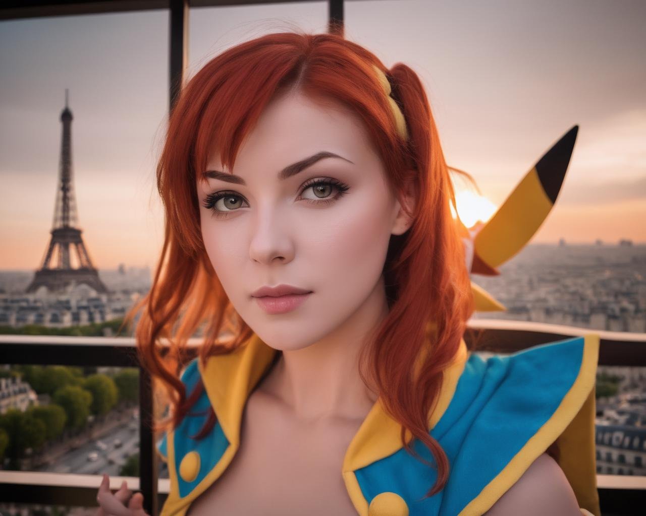 irina_meier, <lora:IrinaMeierXL:1>,cosplay, misty (pokemon), on a balcony near the eiffel tower by sunset, close up, mid shot, looking at the viewer, ((sharp face, detailed face, realistic face, naturtal skin, realistic skin, detailed skin, pores, detailed eyes,realistic eyes)),