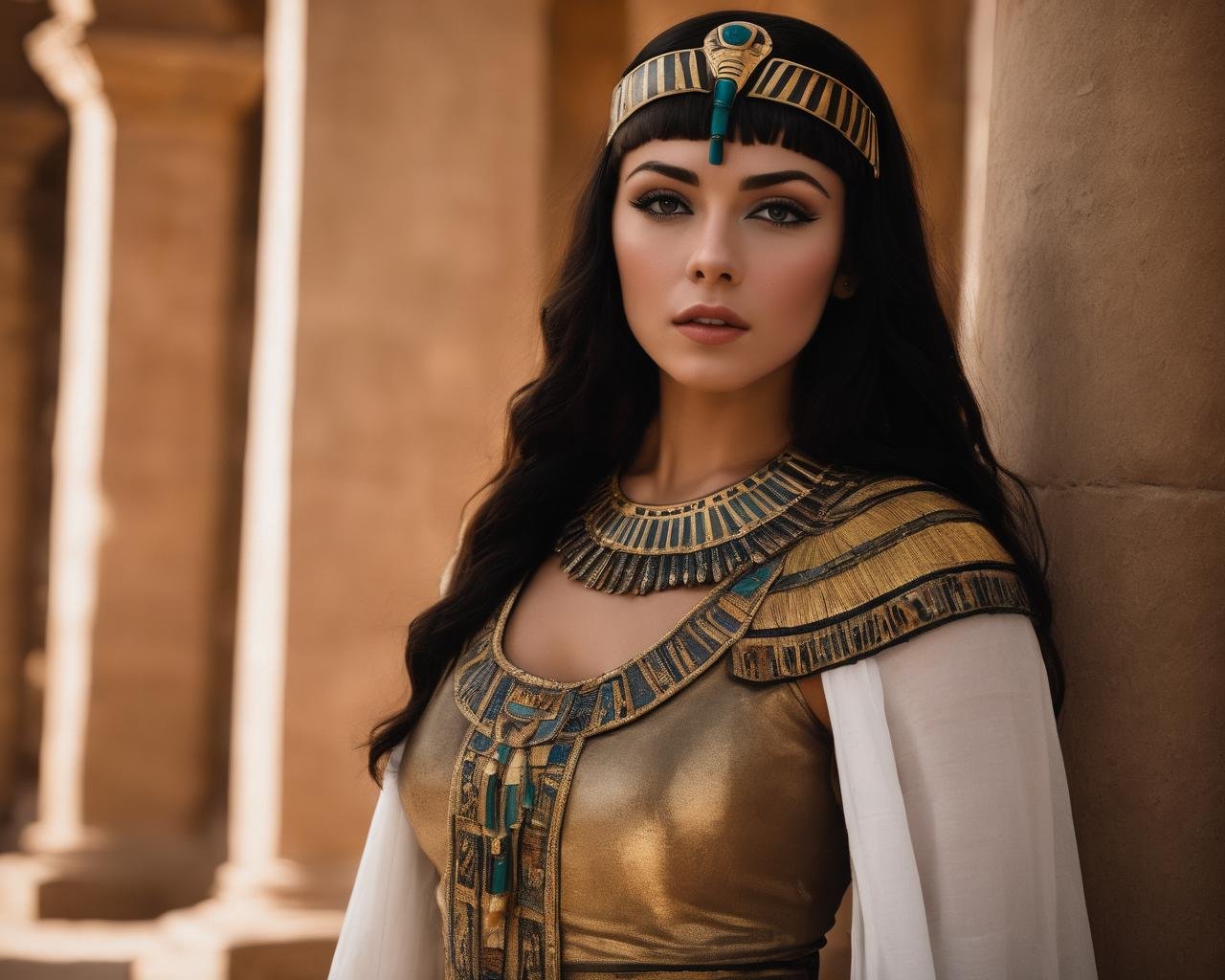 irina_meier, <lora:IrinaMeierXL:1>,((cosplay, cleopatra)), egyptian temple, realistic, ((sharp face, detailed face, realistic face, naturtal skin, realistic skin, detailed skin, pores, detailed eyes,realistic eyes)),, (masterpiece, best quality, ultra-detailed, best shadow), high contrast, (best illumination), ((cinematic light)), colorful, hyper detail, dramatic light, intricate details, (1 girl, solo) , ultra detailed artistic photography, dreamy, backlit, shadows, ultra high definition, 8k, ultra sharp focus, ultra high quality model, soft lighting, film photography, analogue photography, hyperrealism,