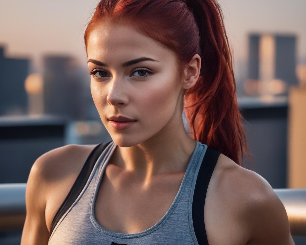 irina_meier, <lora:IrinaMeierXL:1>,(( red hair in high ponytail)) , ((portrait)), (closeup), ((( A modern rooftop )), (( Racerback bodysuit and jogger pants )), workout,realistic, ((sharp face, detailed face, realistic face, naturtal skin, realistic skin, detailed skin, pores, detailed eyes,realistic eyes)),