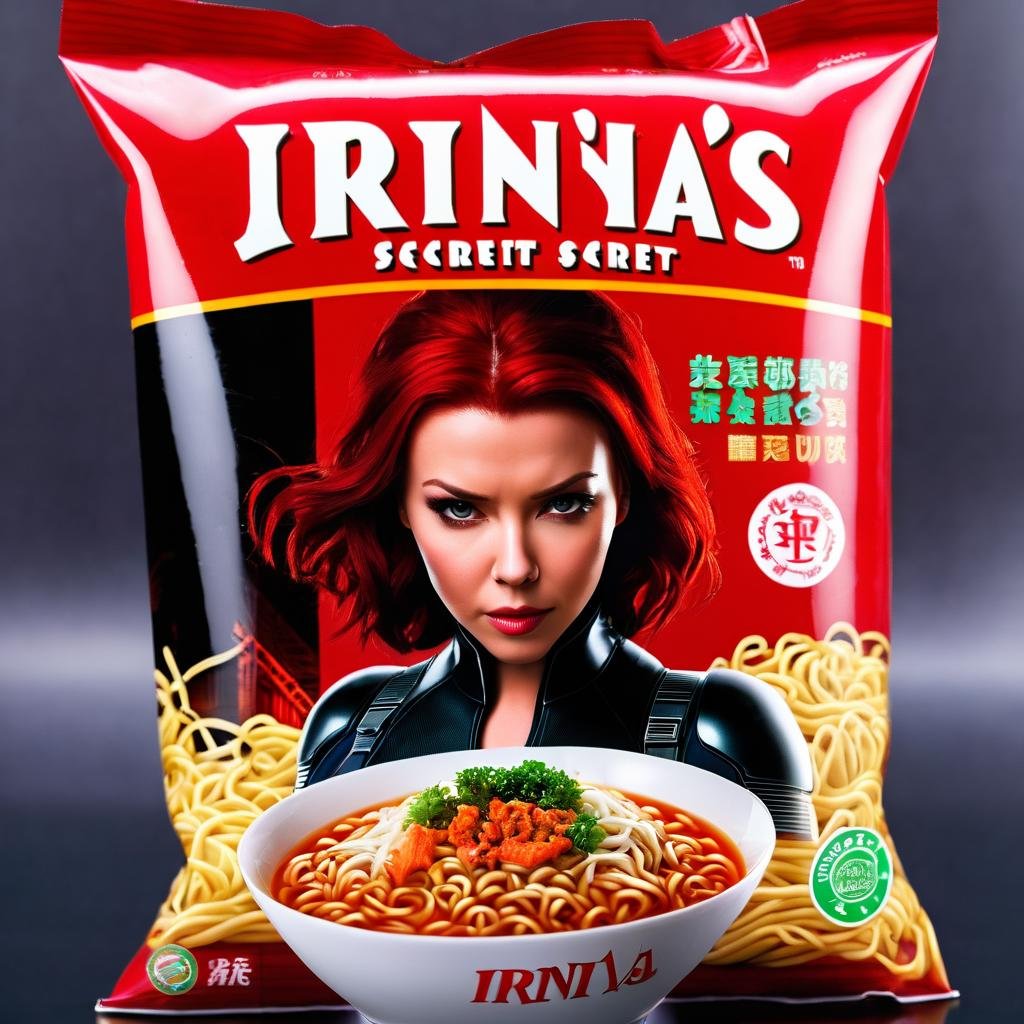 cosplay, black widow, (The face of irina_meier, <lora:IrinaMeierXL:1> on a packet of dry instant noodles) (titled "Irina`s Secret"),