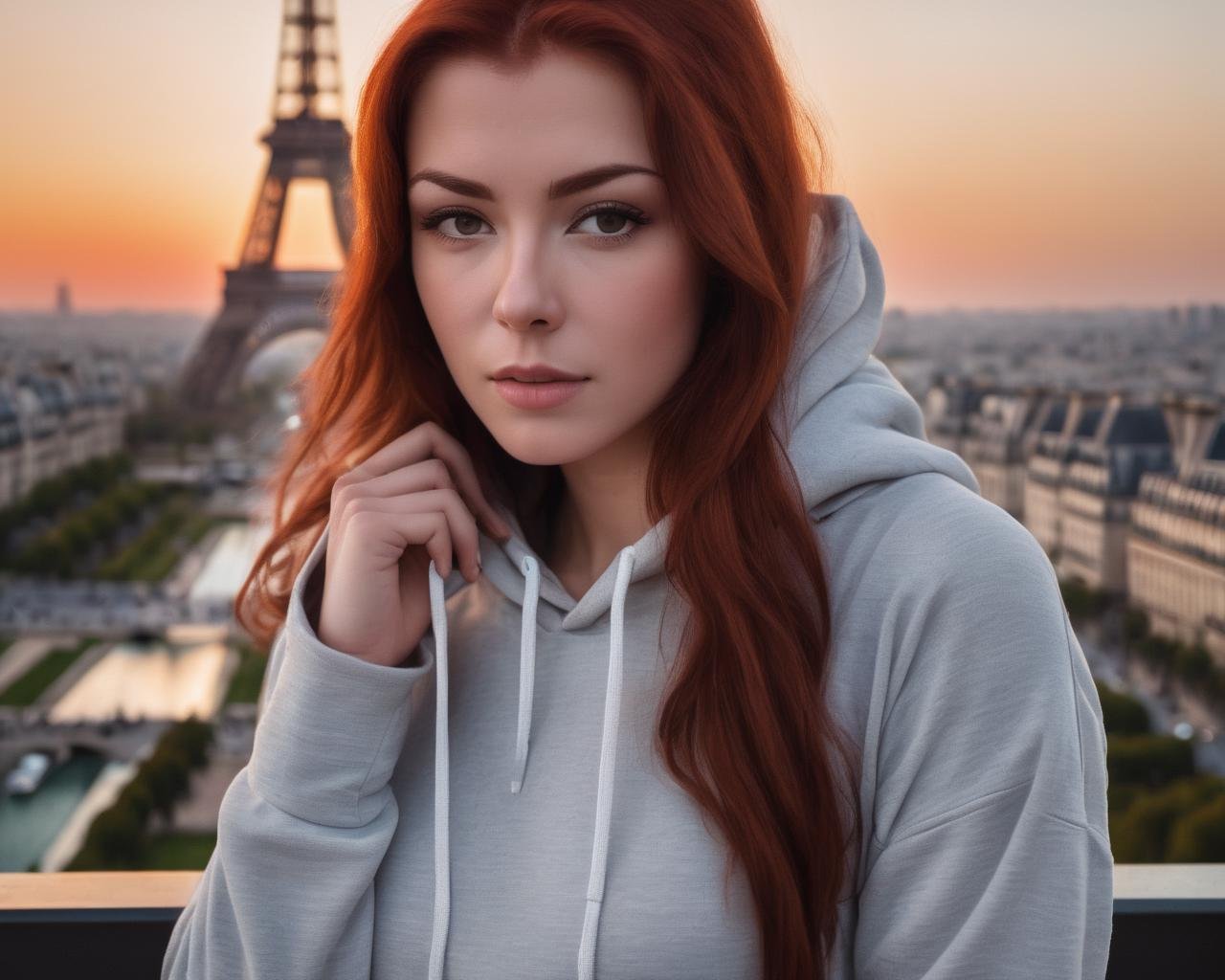 irina_meier, <lora:IrinaMeierXL:1>,portrait of a woman wearing a light hoodie, dark sport leggins, on a balcony near the eiffel tower by sunset, close up, mid shot, red hair looking at the viewer, ((sharp face, detailed face, realistic face, naturtal skin, realistic skin, detailed skin, pores, detailed eyes,realistic eyes)),