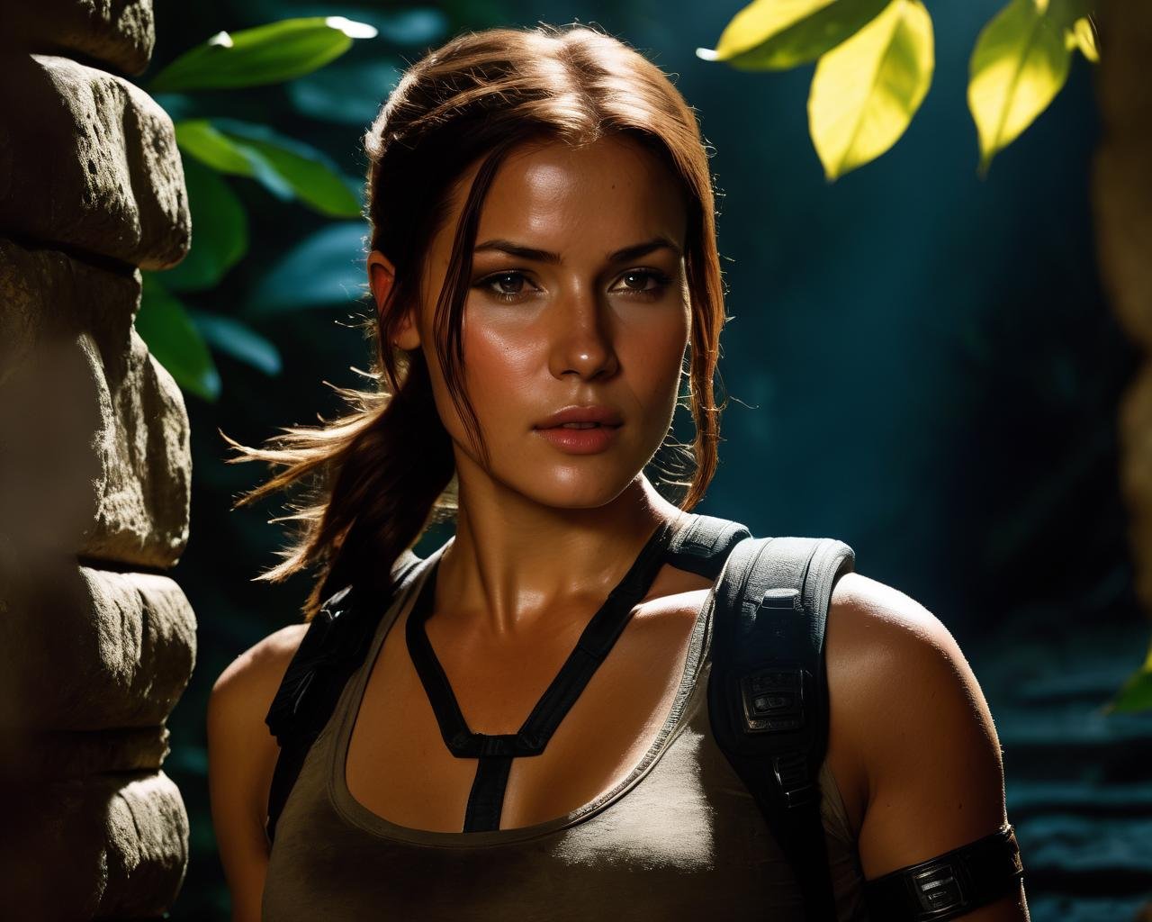 irina_meier, <lora:IrinaMeierXL:1>,cosplay, lara croft, cautious, temple ruins, at night, jungle, south america, realistic, ((sharp face, detailed face, realistic face, naturtal skin, realistic skin, detailed skin, pores, detailed eyes,realistic eyes)),, (masterpiece, best quality, ultra-detailed, best shadow), high contrast, (best illumination), ((cinematic light)), colorful, hyper detail, dramatic light, intricate details, (1 girl, solo) , ultra detailed artistic photography, dreamy, backlit, shadows, ultra high definition, 8k, ultra sharp focus, ultra high quality model, soft lighting, film photography, analogue photography, hyperrealism,