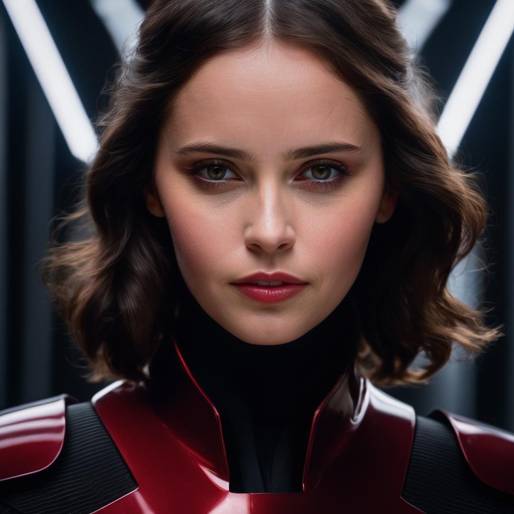 felicity_jones,<lora:FelicityJonesXL:1>,portrait of an evil sith lord, star wars, black outfit, red coat, futuristic red and black armor, laser sword, ((sharp face, detailed face, realistic face, naturtal skin, realistic skin, detailed skin, pores, detailed eyes,realistic eyes)),, (masterpiece, best quality, ultra-detailed, best shadow), high contrast, (best illumination), ((cinematic light)), colorful, hyper detail, dramatic light, intricate details, (1 girl, solo) , ultra detailed artistic photography, dreamy, backlit, shadows, ultra high definition, 8k, ultra sharp focus, ultra high quality model, soft lighting, film photography, analogue photography, hyperrealism,