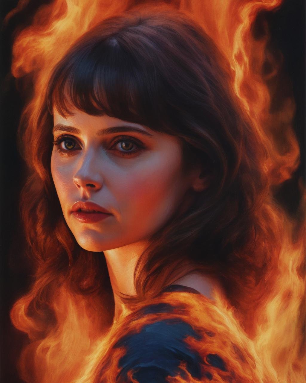 felicity_jones,<lora:FelicityJonesXL:1>,a beautiful portrait of a Demon girl covered in deep colourful flames, atmospheric, 