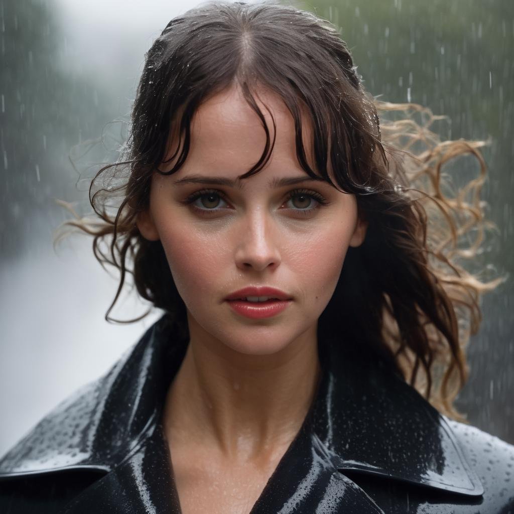 felicity_jones,<lora:FelicityJonesXL:1>, woman dancing in the rain , (wet hair, wet clothes, soaking wet, wet skin, autumn), cloudy, raining, water drops, raincoat,