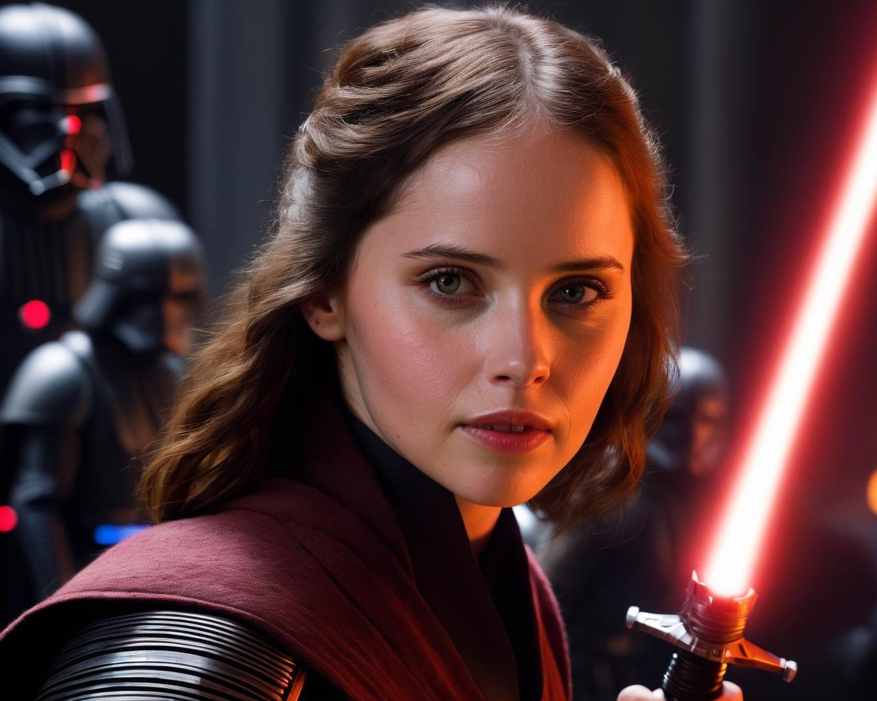 felicity_jones,<lora:FelicityJonesXL:1>,a jedi, star wars, fighting a evil sith lord, laser sword, duel, epic battle, space ship, death star, ((sharp face, detailed face, realistic face, naturtal skin, realistic skin, detailed skin, pores, detailed eyes,realistic eyes)),