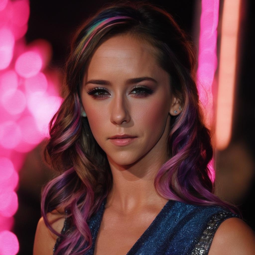 JenniferloveHewitt, <lora:JenniferLoveHewittXL:1>, multicoloured hair, night, neon sign backlight, looking at the viewer, side lighting, complex hairstyle, midnight ,toxic cloud, ((perfect eyes, detailed eyes,realistic eyes)), ((sharp face, detailed face, realistic face, naturtal skin, realistic skin, detailed skin, pores))