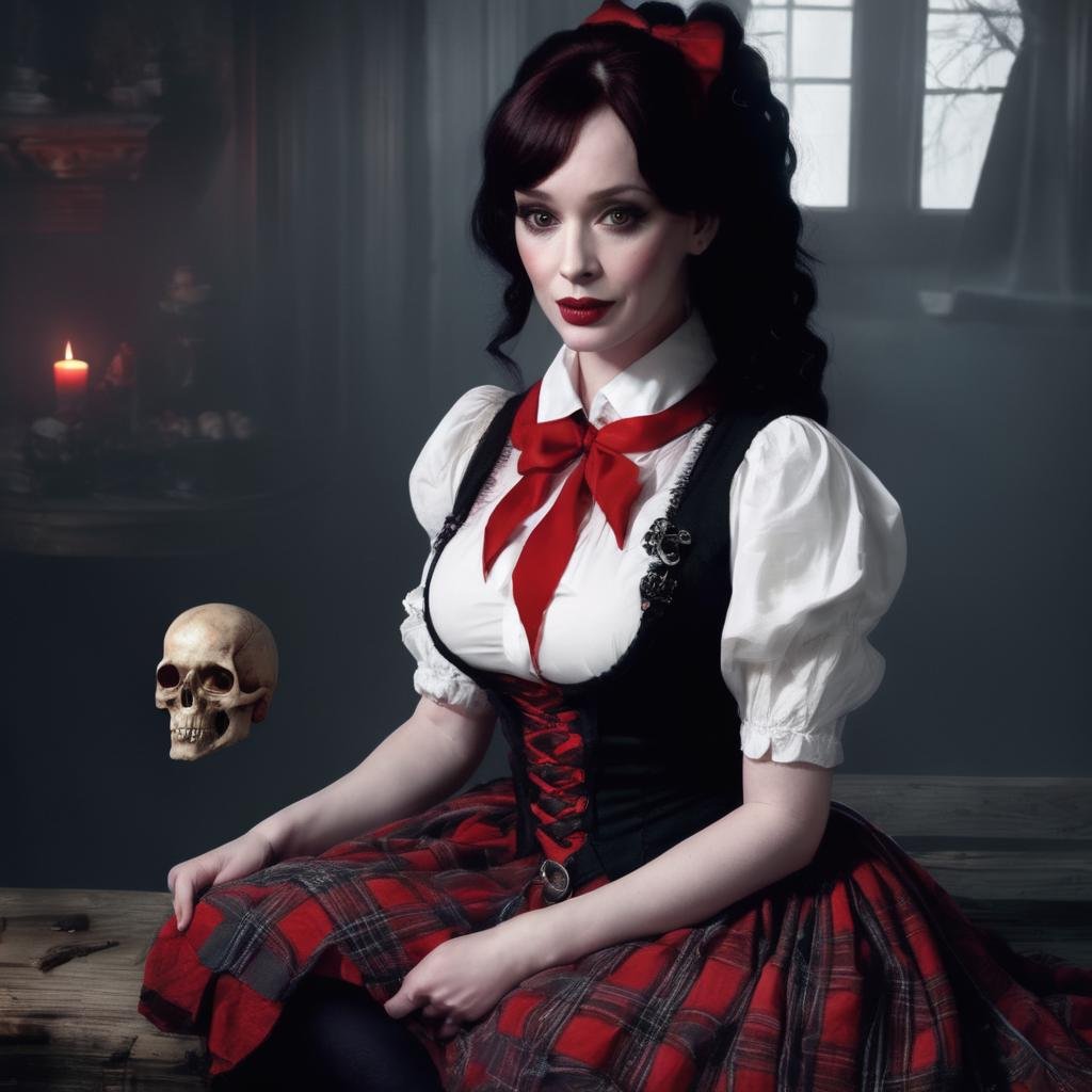 christina_hendricks,<lora:ChristinaHendricksXL:1.0>, A gothic woman living in a spooky house, tales of mystery and horror, pet raven, adventurous,a plaid skirt, white knee high socks, a red vest and a white shirt, black hair, pony tail, a red ribbon with a skull-shaped bead, macabre atmosphere, palette [voilet|red|black|grey|white] 