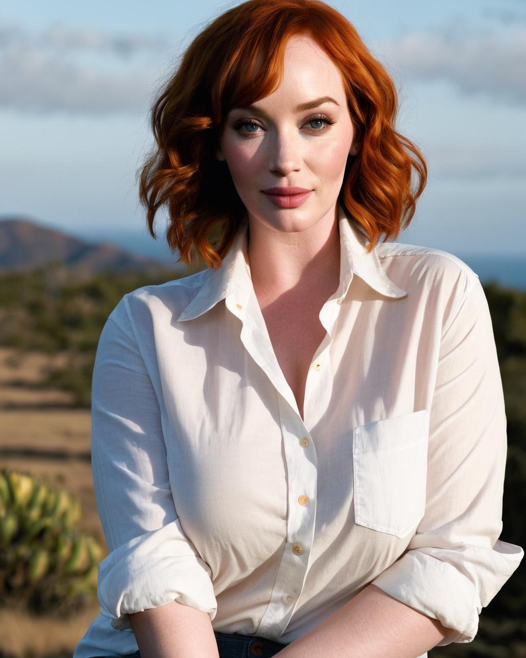 christina_hendricks,<lora:ChristinaHendricksXL:1.0>, ((wearing a oversized white shirt that reads "Melons")), outdoor, denim, oversized t-shirt, ((perfect eyes, detailed eyes,realistic eyes)), ((sharp face, detailed face, realistic face, naturtal skin, realistic skin, detailed skin, pores))