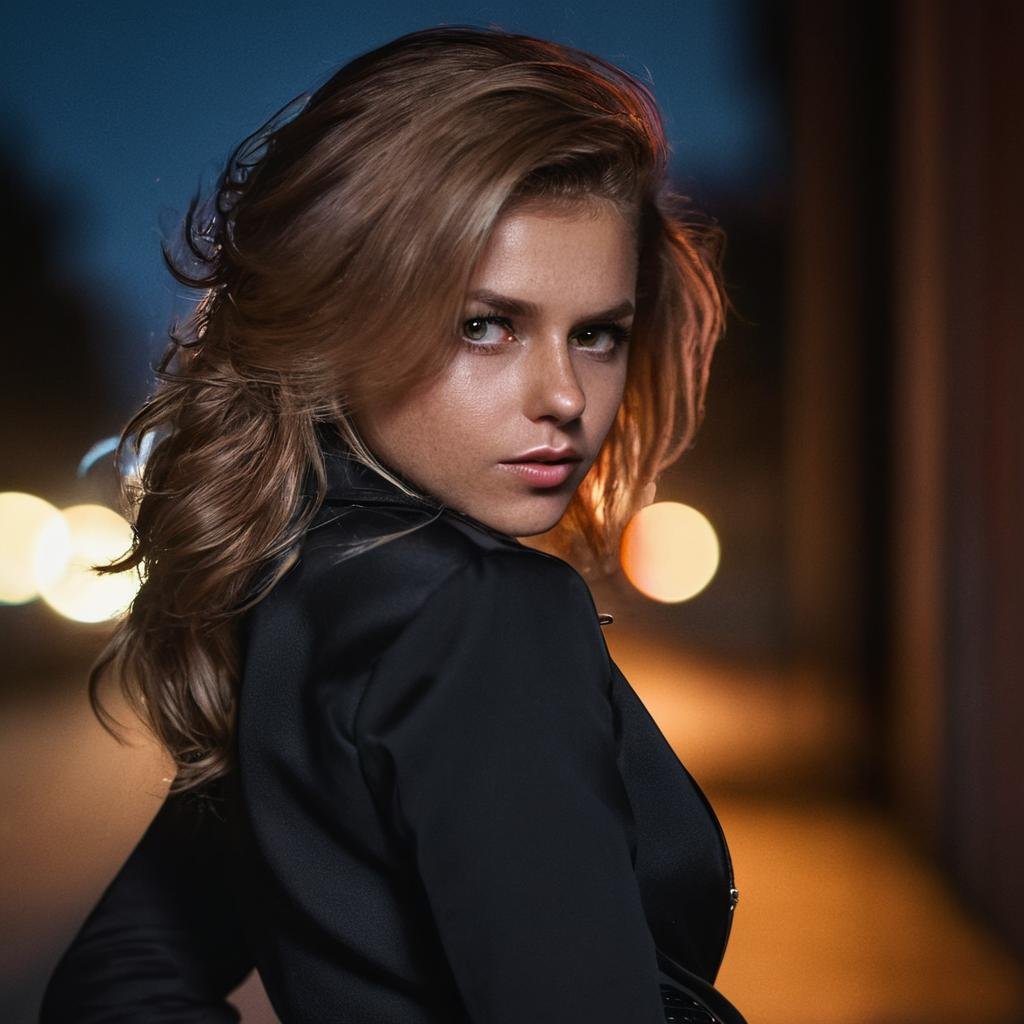 julia_yaroshenko, <lora:JuliaYaroshenkoXL:1>,((red shirt , black jacket, black skirt, black belt,black shoes)), dark city at night, ((dark night, midnight, full moon, starry sky)), ((perfect eyes, detailed eyes,realistic eyes)), ((sharp face, detailed face, realistic face, naturtal skin, realistic skin, detailed skin, pores)), (masterpiece, best quality, ultra-detailed, best shadow), high contrast, (best illumination), ((cinematic light)), colorful, hyper detail, dramatic light, intricate details, (1 girl, solo) , ultra detailed artistic photography, dreamy, backlit, shadows, ultra high definition, 8k, ultra sharp focus, ultra high quality model, soft lighting, film photography, analogue photography, hyperrealism,