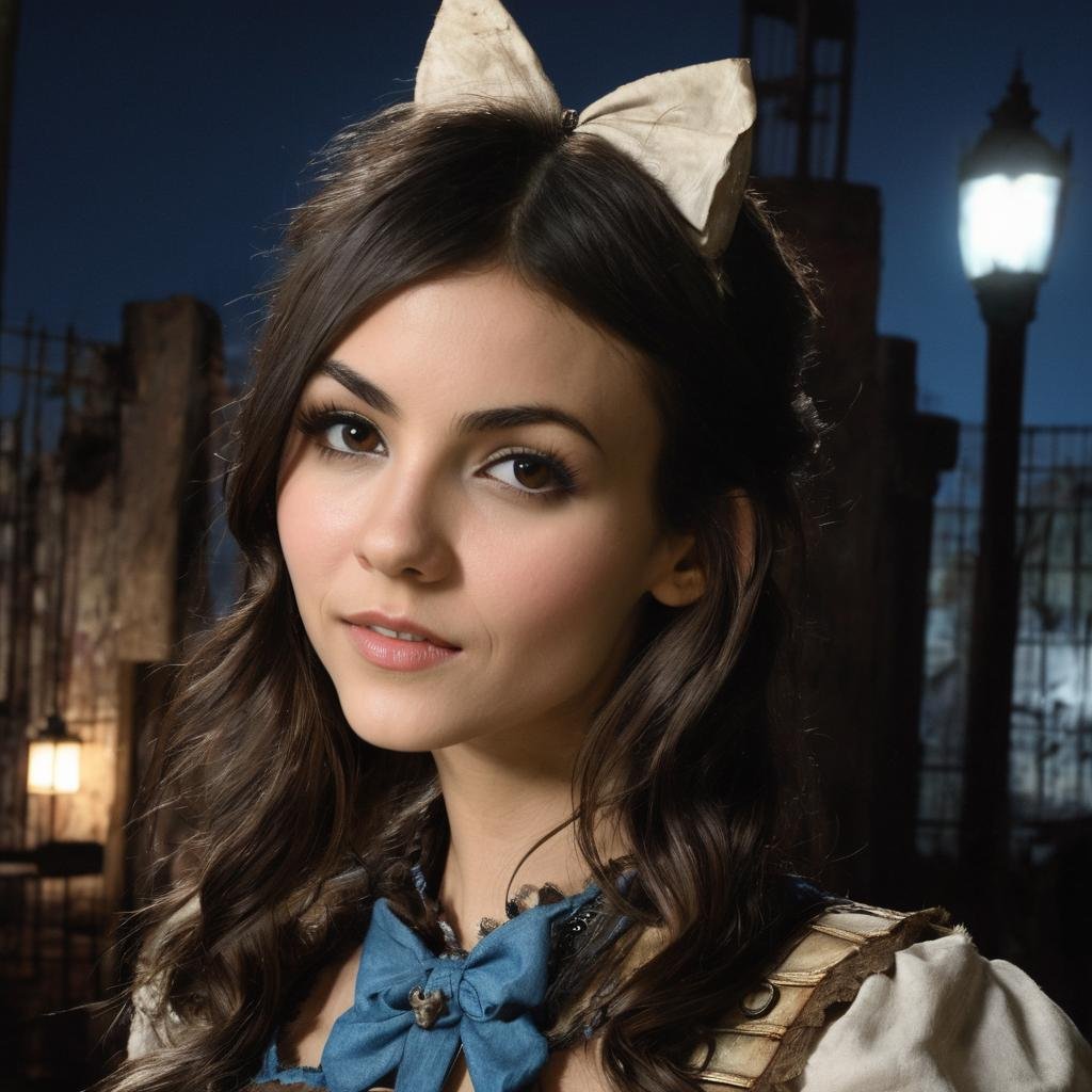 victoria_justice, <lora:VictoriaJusticeXL:1>,dressed as Alice in Wonderland, post-apocalyptic styled dress, dirty,dirty dress, dirty face, post-apocalypse, city ruins at night, backlit, midnight, ((perfect eyes, detailed eyes,realistic eyes)), ((sharp face, detailed face, realistic face, naturtal skin, realistic skin, detailed skin, pores))