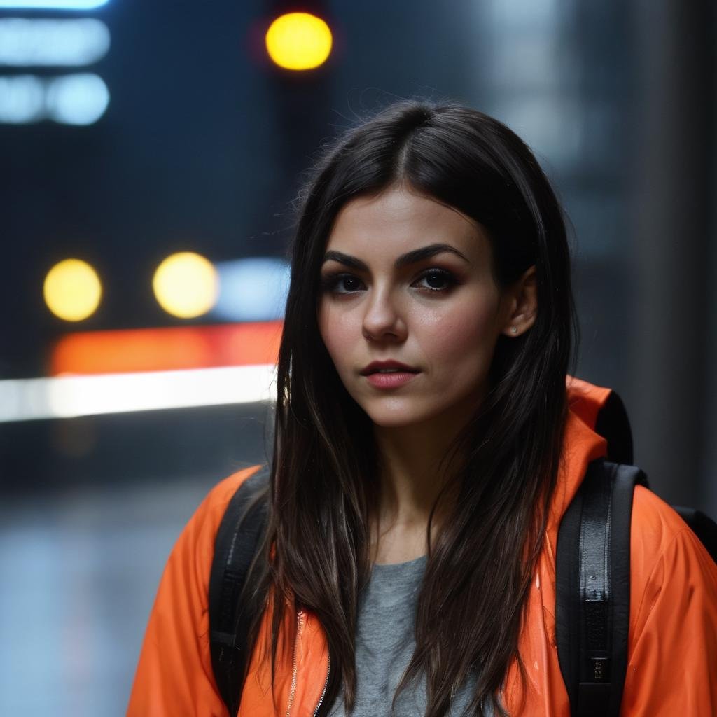 victoria_justice, <lora:VictoriaJusticeXL:1> portrait, close up, tourist, (( very long hair, hair over eye, hair in face, backpack, wild hair, raids, wet hair, wet skin, wet body, soaking wet)), wearing casual clothing, dirty, messy, raining, foggy, dim light, noir style, dystopian city at night, ((perfect eyes, detailed eyes,realistic eyes)), ((sharp face, detailed face, realistic face, naturtal skin, realistic skin, detailed skin, pores))