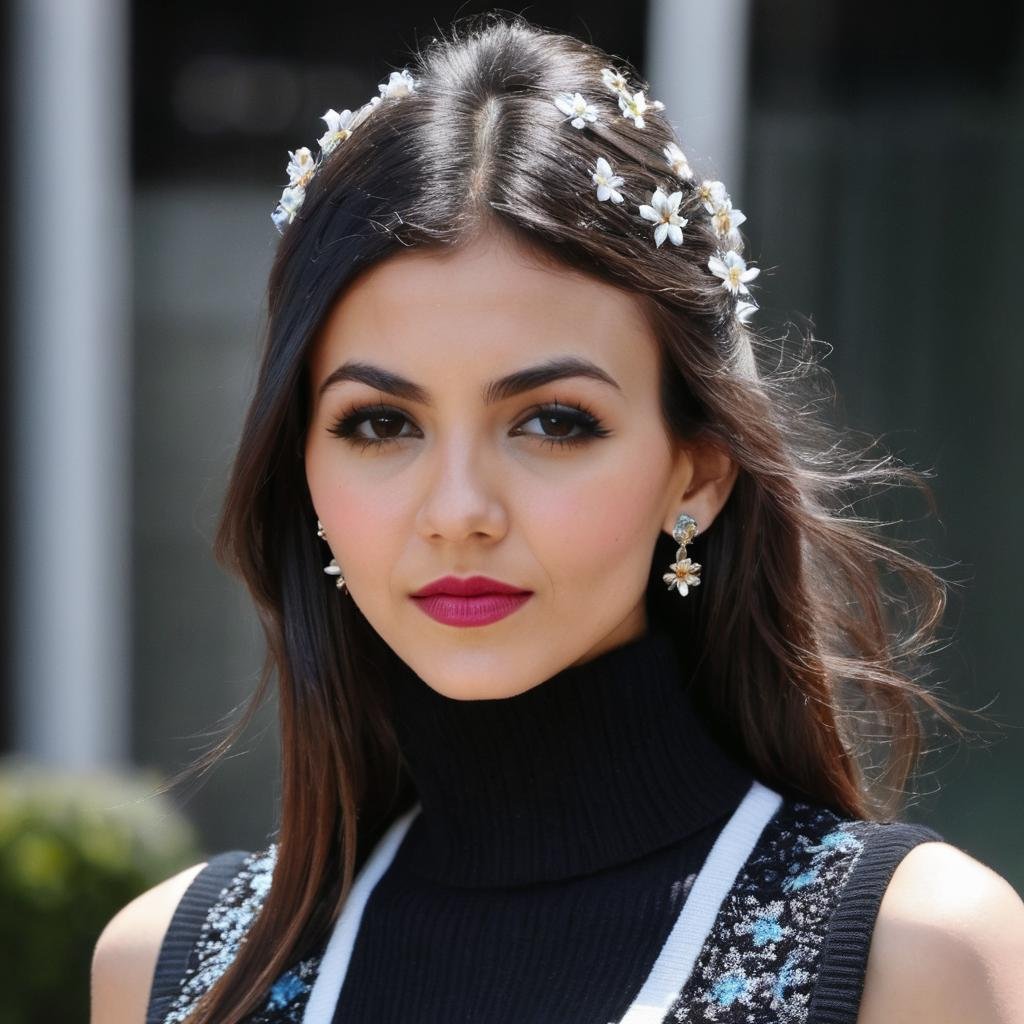 victoria_justice, <lora:VictoriaJusticeXL:1>,long hair, sweater, turtleneck, jewelry, upper body, flower, earrings, parted lips, makeup, blurry background, sunglasses, lipstick, black vest, eyewear on head, realistic, ((perfect eyes, detailed eyes,realistic eyes)), ((sharp face, detailed face, realistic face, naturtal skin, realistic skin, detailed skin, pores))