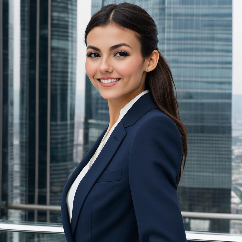 victoria_justice, <lora:VictoriaJusticeXL:1>,closeup photo of a smiling woman in strict navy female business suit, elegant, snazzy, standing in front of a tall window on the upper floor of a skyscraper, distant cityscape with skyscrapers in background, ((perfect eyes, detailed eyes,realistic eyes)), ((sharp face, detailed face, realistic face, naturtal skin, realistic skin, detailed skin, pores))