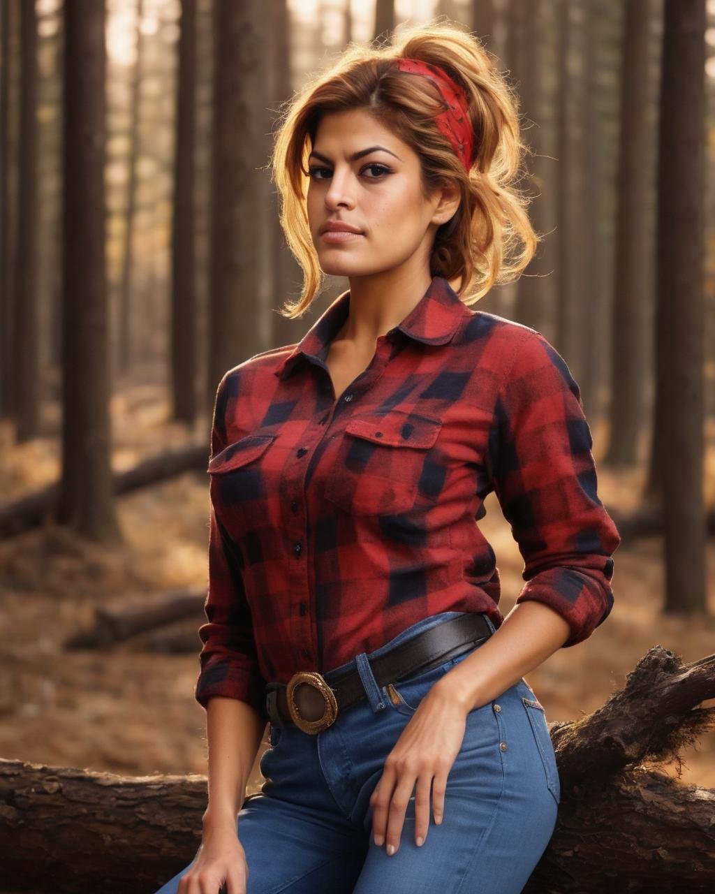 eva_mendes, <lora:EvaMendesXL:1>, wearing checkered red and black lumberjack shirt and blue jeans, multicolored hair, looking at the viewer, outdoor, forest, daylight, golden hour, lumberjack