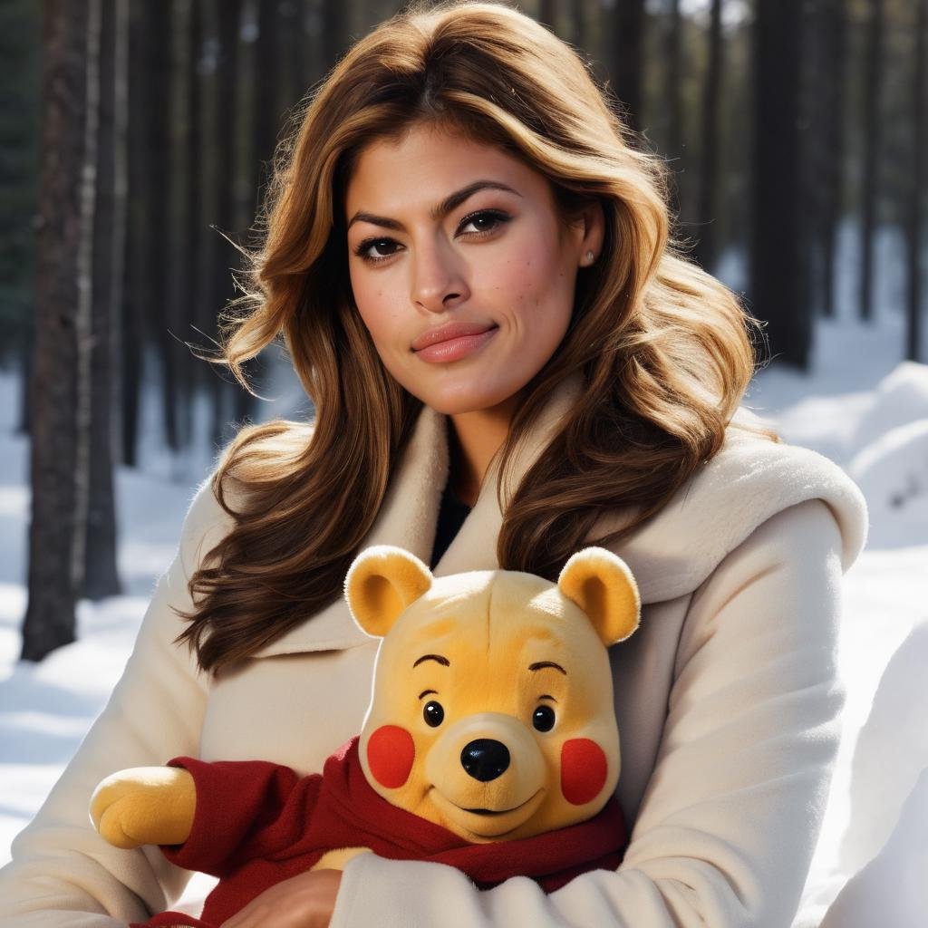 eva_mendes, <lora:EvaMendesXL:1>,wearing ((winter outfit)), forest, winter, snow, smiling, sitting on ground, next to winnie the pooh, cuddling winnie the pooh, ((sharp face, detailed face, realistic face, naturtal skin, realistic skin, detailed skin, pores)), ((perfect eyes, detailed eyes,realistic eyes)), (masterpiece, best quality, ultra-detailed, best shadow), high contrast, (best illumination), ((cinematic light)), colorful, hyper detail, dramatic light, intricate details, (1 girl, solo) , ultra detailed artistic photography, dreamy, backlit, shadows, ultra high definition, 8k, ultra sharp focus, ultra high quality model, soft lighting, film photography, analogue photography, hyperrealism,
