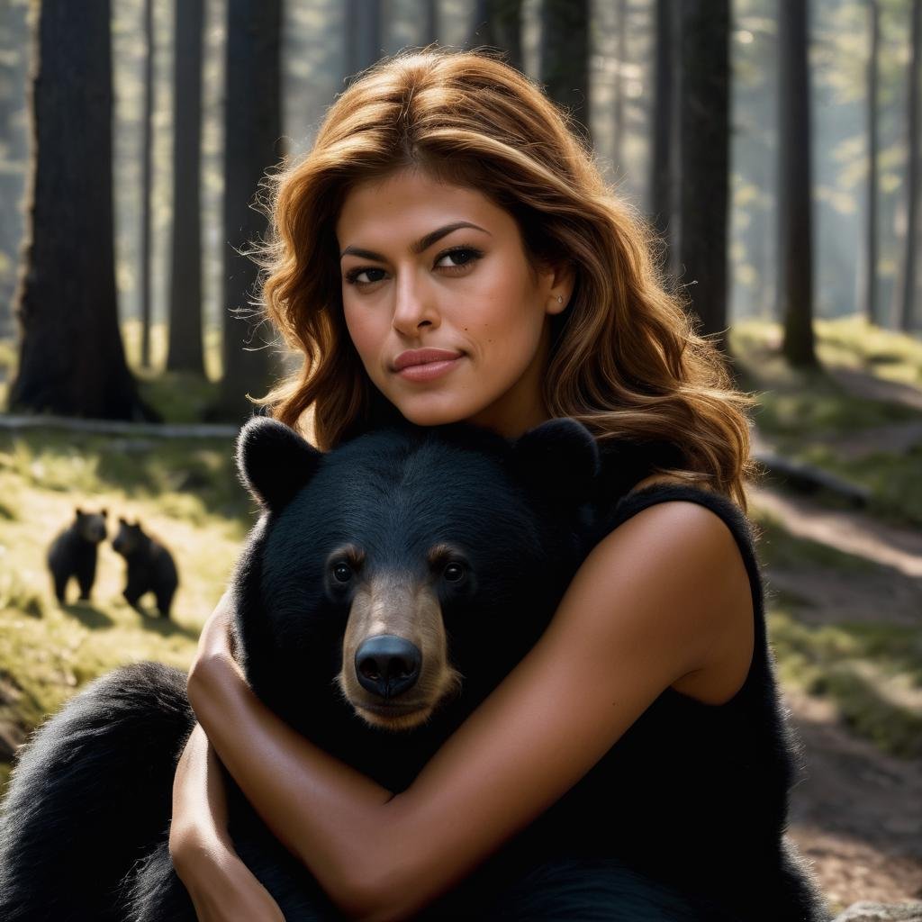 eva_mendes, <lora:EvaMendesXL:1>,wearing a ((fluffy bear outfit)), forest, smiling, sitting on ground, next to a black bear, cuddling a black bear, bears in background, realistic, (masterpiece, best quality, ultra-detailed, best shadow), high contrast, (best illumination), ((cinematic light)), colorful, hyper detail, dramatic light, intricate details, (1 girl, solo) , ultra detailed artistic photography, dreamy, backlit, shadows, ultra high definition, 8k, ultra sharp focus, ultra high quality model, soft lighting, film photography, analogue photography, hyperrealism,, ((sharp face, detailed face, realistic face, naturtal skin, realistic skin, detailed skin, pores)), ((perfect eyes, detailed eyes,realistic eyes))