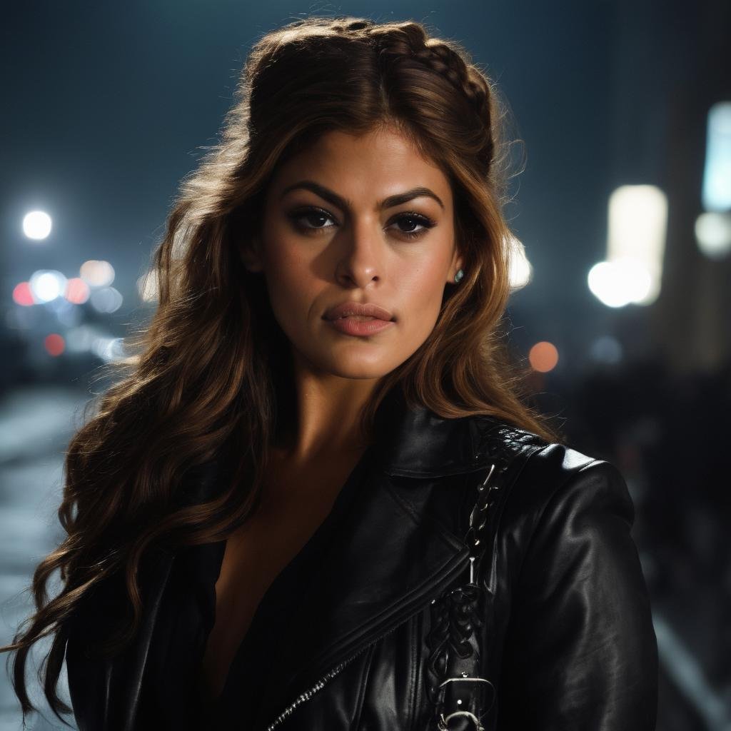eva_mendes, <lora:EvaMendesXL:1>, portrait, close up, instagram selfie, (( very long hair, hair over eye, wild hair, braids)), wearing gothic styled outfit, foggy, dim neon light, noir style, dystopian city at night, dirty street, ((perfect eyes, detailed eyes,realistic eyes)), ((sharp face, detailed face, realistic face, naturtal skin, realistic skin, detailed skin, pores))