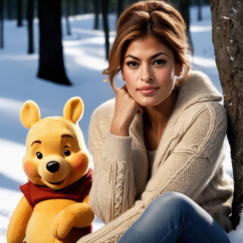 eva_mendes, <lora:EvaMendesXL:1>,wearing ((knitted sweater, winter jacket)), forest, winter, snow, snowing, smiling, sitting on ground, next to winnie the pooh, cuddling winnie the pooh, ((sharp face, detailed face, realistic face, naturtal skin, realistic skin, detailed skin, pores)), ((perfect eyes, detailed eyes,realistic eyes)), (masterpiece, best quality, ultra-detailed, best shadow), high contrast, (best illumination), ((cinematic light)), colorful, hyper detail, dramatic light, intricate details, (1 girl, solo) , ultra detailed artistic photography, dreamy, backlit, shadows, ultra high definition, 8k, ultra sharp focus, ultra high quality model, soft lighting, film photography, analogue photography, hyperrealism,