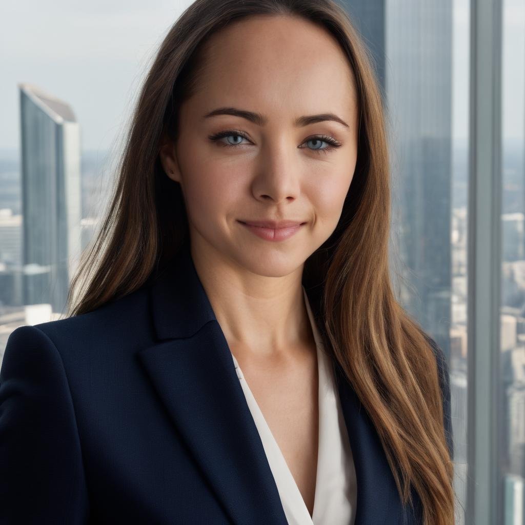 ksenia_solo <lora:KseniaSoloXL:1>,closeup photo of a smiling woman in strict navy female business suit, elegant, snazzy, standing in front of a tall window on the upper floor of a skyscraper, distant cityscape with skyscrapers in background, ((perfect eyes, detailed eyes,realistic eyes)), ((sharp face, detailed face, realistic face, naturtal skin, realistic skin, detailed skin, pores))