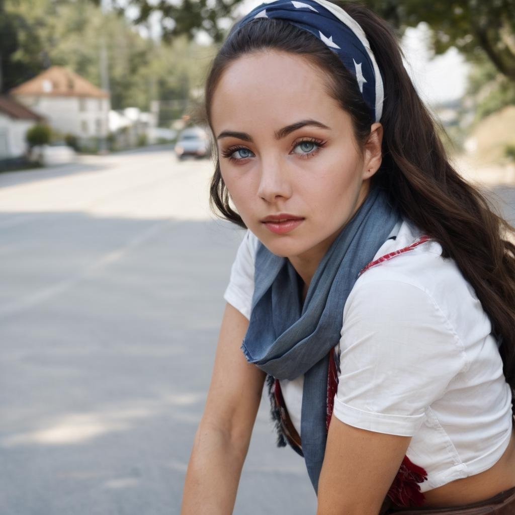 ksenia_solo, <lora:KseniaSoloXL:1>, portrait, close up, long hair, looking at viewer, shirt, black hair, white shirt, short sleeves, cowboy shot, outdoors, parted lips, shorts, midriff, scarf, from side, neckerchief, leaning forward, denim, ground vehicle, building, realistic, bandana, cutoffs, red bandana, ((perfect eyes, detailed eyes,realistic eyes)), ((sharp face, detailed face, realistic face, naturtal skin, realistic skin, detailed skin, pores))