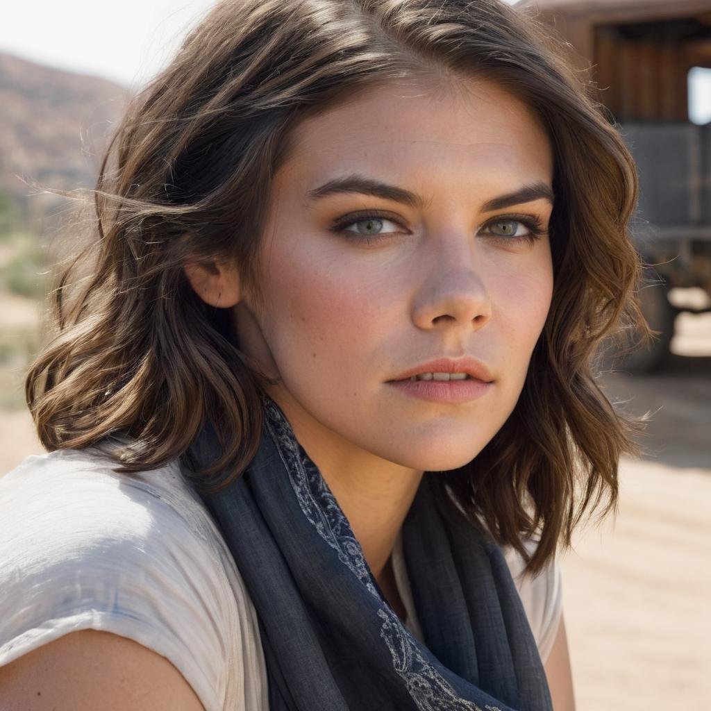 lauren_cohan, portrait, close up, 1girl, solo, long hair, looking at viewer, shirt, black hair, white shirt, short sleeves, cowboy shot, outdoors, parted lips, shorts, midriff, scarf, from side, neckerchief, leaning forward, denim, ground vehicle, building, realistic, bandana, cutoffs, red bandana <lora:LaurenCohanXL:1>, ((perfect eyes, detailed eyes,realistic eyes)), ((sharp face, detailed face, realistic face, naturtal skin, realistic skin, detailed skin, pores))