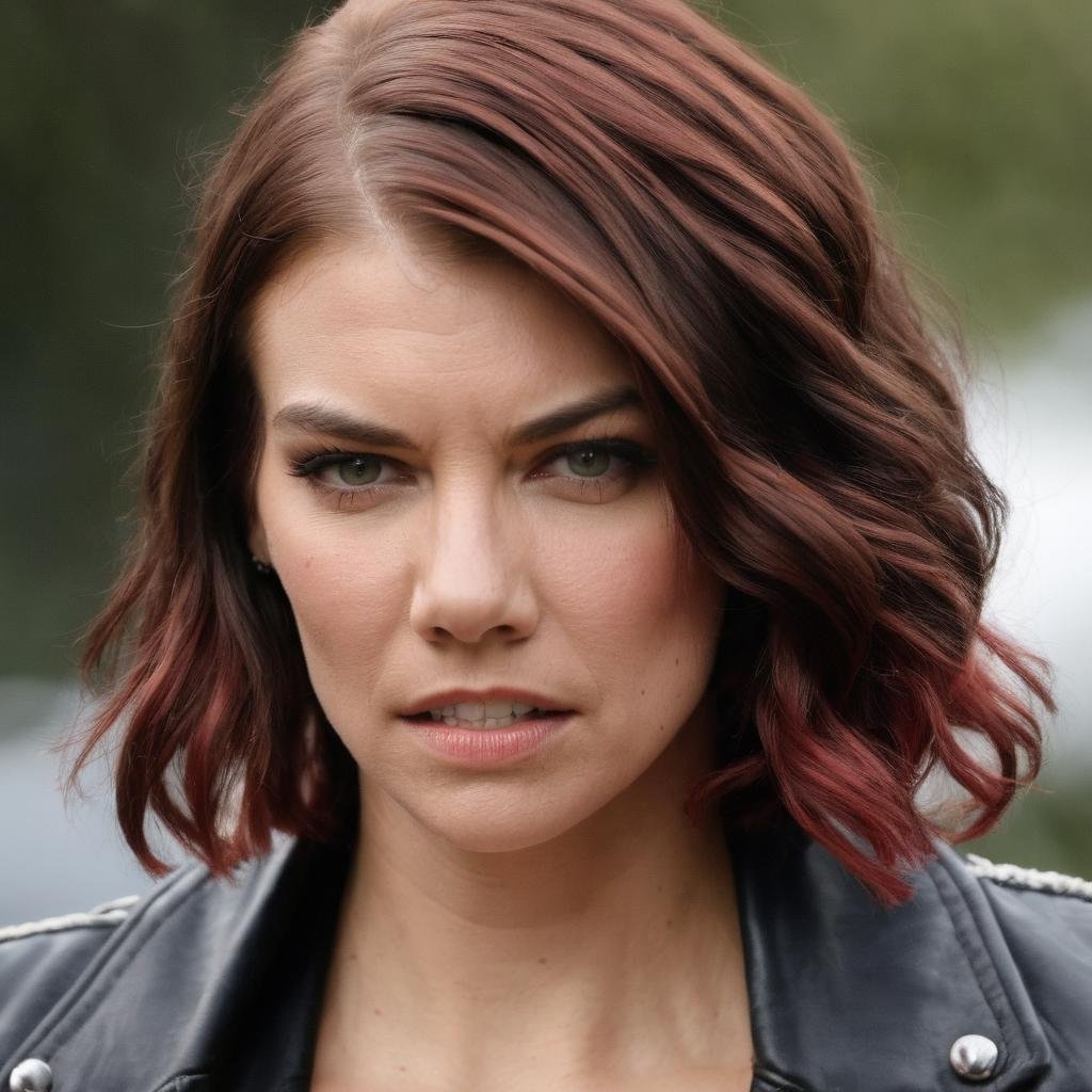 lauren_cohan, <lora:LaurenCohanXL:1>, long hair, looking at viewer, red hair, black hair hair, tow colored hair, jacket, upper body, parted lips,  depth of field, blurry background, clenched teeth, portrait, angry, realistic