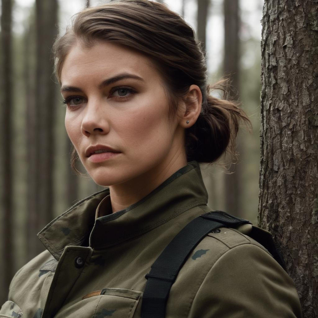 lauren_cohan, <lora:LaurenCohanXL:1>, long hair, jacket, upper body, ponytail, outdoors, belt, uniform, tree, looking to the side, military uniform, turtleneck, looking away, nature, realistic, camouflage, soldier, camouflage jacket, camouflage pants, ((perfect eyes, detailed eyes,realistic eyes)), ((sharp face, detailed face, realistic face, naturtal skin, realistic skin, detailed skin, pores))