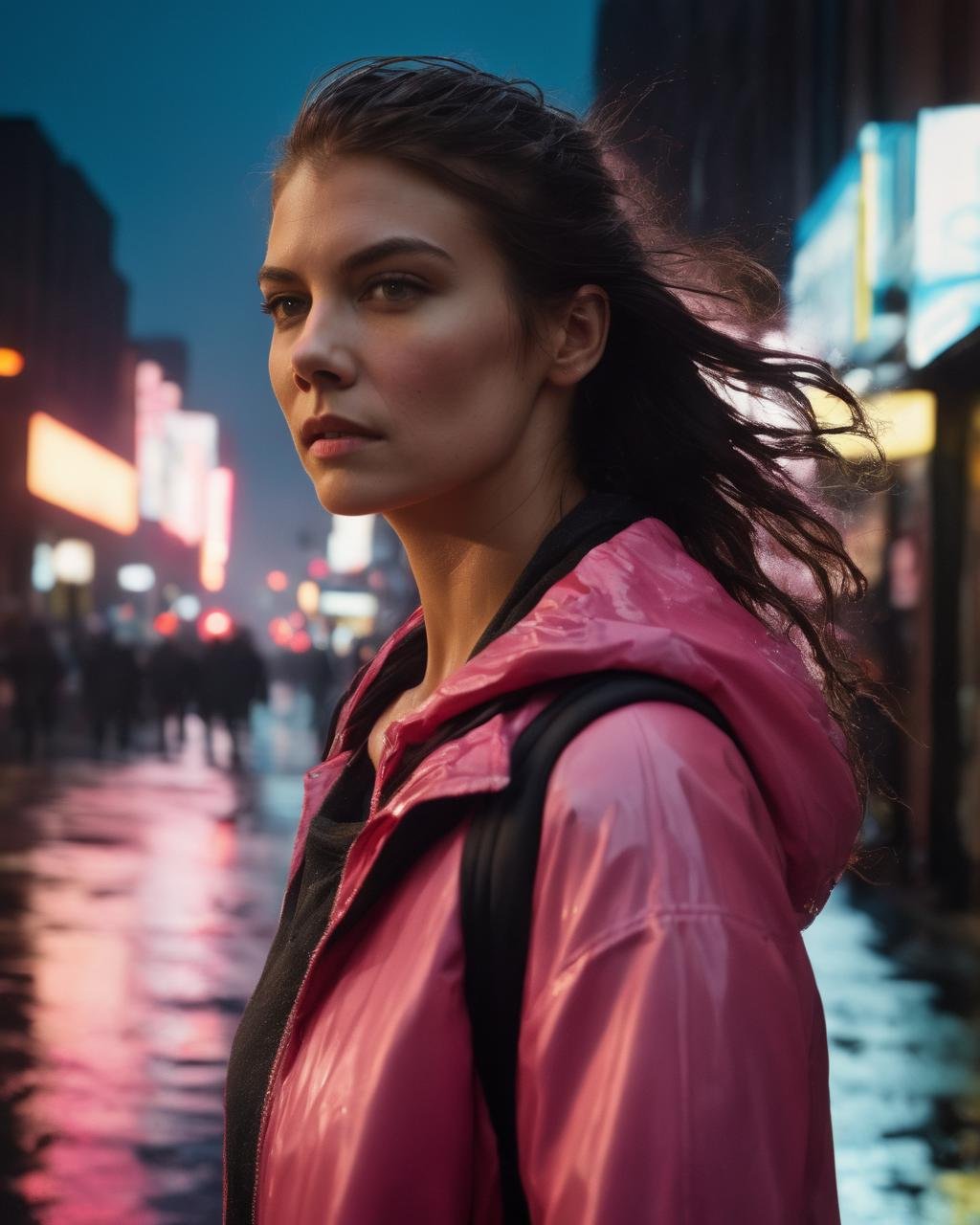 lauren_cohan, <lora:LaurenCohanXL:1>, portrait, tourist, (( very long hair, hair over eye, hair in face, wild hair, floating hair, ponytail, wet hair, wet skin, wet body, soaking wet)), long sleeves, pink raincoat, backpack, walking down the street at night, raining, foggy, dim neon light, noir style, new york city at night, (masterpiece, best quality, ultra-detailed, best shadow), high contrast, (best illumination), ((cinematic light)), colorful, hyper detail, dramatic light, intricate details, (1 girl, solo) , ultra detailed artistic photography, dreamy, backlit, shadows, ultra high definition, 8k, ultra sharp focus, ultra high quality model, soft lighting, film photography, analogue photography, hyperrealism,