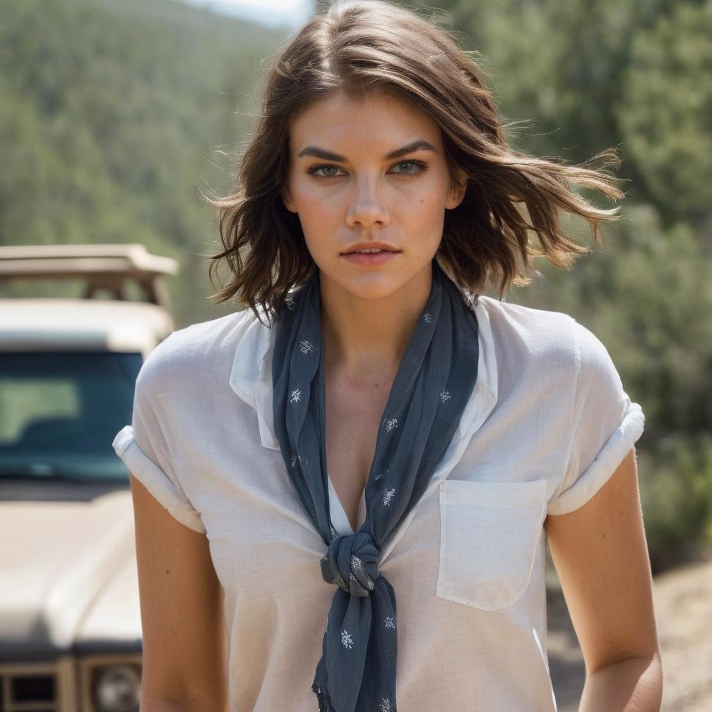 lauren_cohan, portrait, close up, 1girl, solo, long hair, looking at viewer, shirt, black hair, white shirt, short sleeves, cowboy shot, outdoors, parted lips, shorts, midriff, scarf, from side, neckerchief, leaning forward, denim, ground vehicle, building, realistic, bandana, cutoffs, red bandana <lora:LaurenCohanXL:1>, ((perfect eyes, detailed eyes,realistic eyes)), ((sharp face, detailed face, realistic face, naturtal skin, realistic skin, detailed skin, pores))