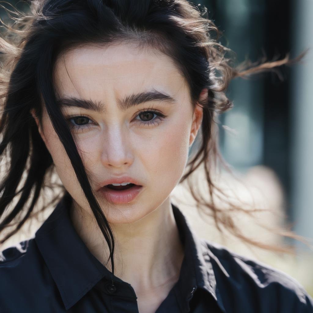 marina_mazepa, <lora:MarinaMazepaXL:1>,looking at viewer, open mouth, shirt, black hair, upper body, parted lips, depth of field, blurry background, messy hair, portrait, realistic