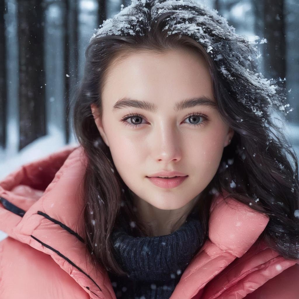 marina_mazepa, <lora:MarinaMazepaXL:1>,A portrait of a smiling woman with long hair, icy hair, ice in hair, wearing a pink parka, black pullover, blue jeans, freezing, deep in the woods, dark forest at((night, dark night, cold night)), winter, snow, snowing, snowflakes, ((perfect eyes, detailed eyes,realistic eyes)), ((sharp face, detailed face, realistic face, naturtal skin, realistic skin, detailed skin, pores))