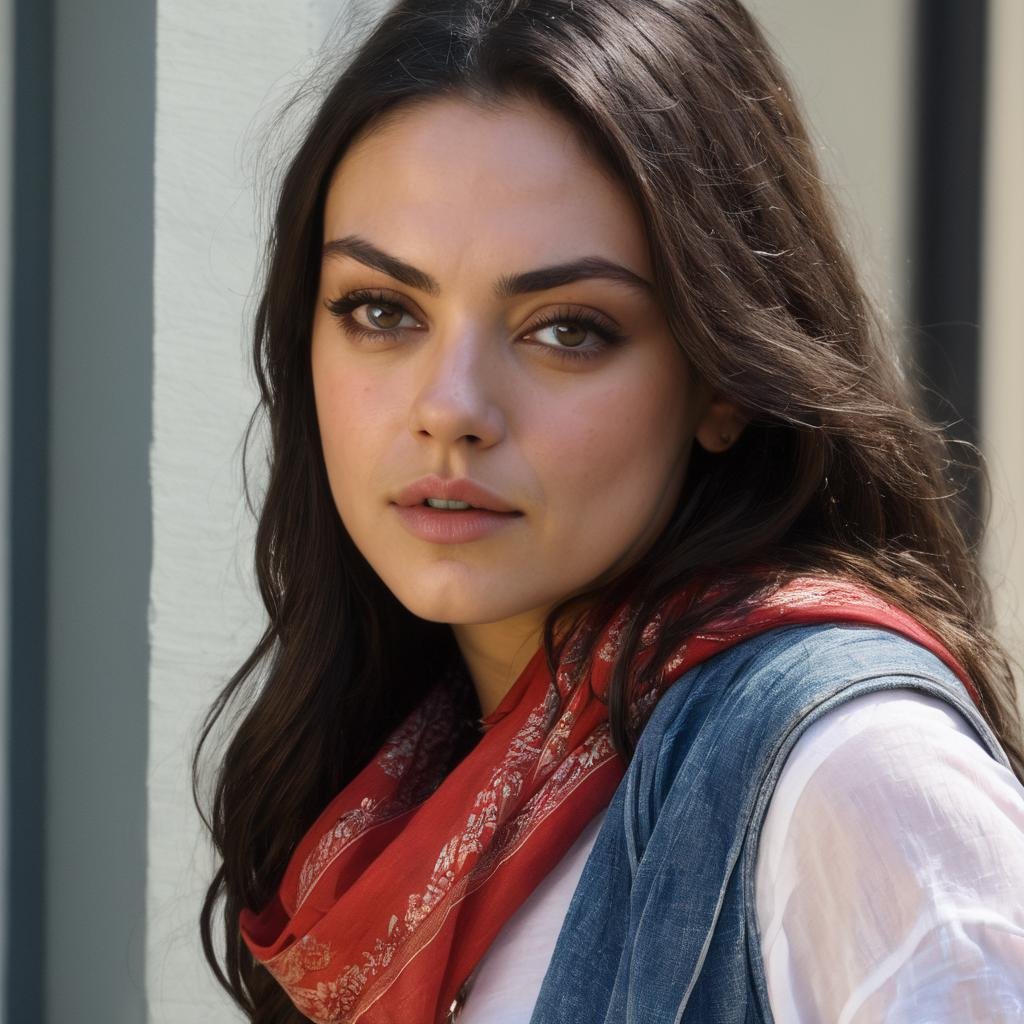 mila_kunis, portrait, close up, solo, long hair, looking at viewer, shirt, black hair, white shirt, short sleeves, cowboy shot, outdoors, parted lips, shorts, midriff, scarf, from side, neckerchief, leaning forward, denim, ground vehicle, building, realistic, bandana, cutoffs, red bandana <lora:MilaKunisXL:1>, ((sharp face, detailed face, realistic face, naturtal skin, realistic skin, detailed skin, pores)), ((perfect eyes, detailed eyes,realistic eyes)), (masterpiece, best quality, ultra-detailed, best shadow), high contrast, (best illumination), ((cinematic light)), colorful, hyper detail, dramatic light, intricate details, (1 girl, solo) , ultra detailed artistic photography, dreamy, backlit, shadows, ultra high definition, 8k, ultra sharp focus, ultra high quality model, soft lighting, film photography, analogue photography, hyperrealism,