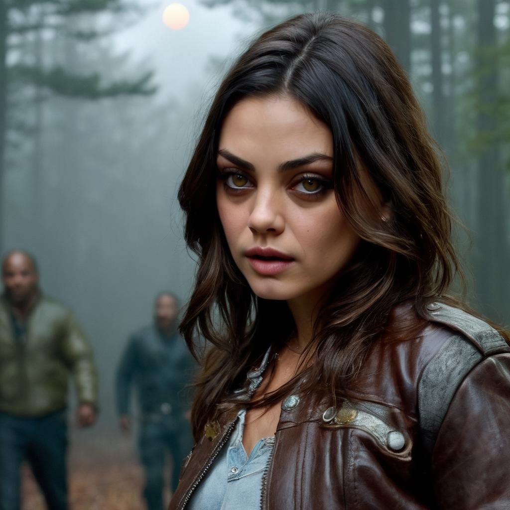 mila_kunis,<lora:MilaKunisXL:1>, solo, long hair, jewelry, necklace, realistic, leather, brown eyes, jacket, leather jacket, scared, running away, fingerless gloves, denim jacket, pendant, upper body, graveyard at night, full moon, fog, foggy, tombstones, zombies, ghosts, vampires, werewolfs, horror atmosphere, ((perfect eyes, detailed eyes,realistic eyes)), ((sharp face, detailed face, realistic face, naturtal skin, realistic skin, detailed skin, pores))