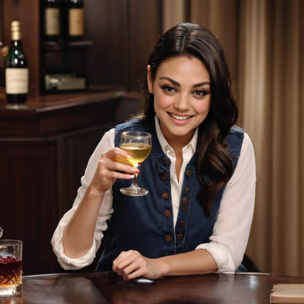 mila_kunis, <lora:MilaKunisXL:1>, long hair, looking at viewer, smile, short hair, shirt, long sleeves, jewelry, sitting, jacket, white shirt, food, collared shirt, pants, indoors, nail polish, grin, sweater, cup, black jacket, fruit, traditional media, black pants, formal, table, ring, own hands together, bottle, suit, denim, holding cup, clothes writing, alcohol, drinking glass, blue nails, jeans, realistic, drink, blue pants, bookshelf, glass, wine glass, wine, wine bottle, lemon, bar (place), cocktail glass, cocktail, whiskey, ((perfect eyes, detailed eyes,realistic eyes)), ((sharp face, detailed face, realistic face, naturtal skin, realistic skin, detailed skin, pores))