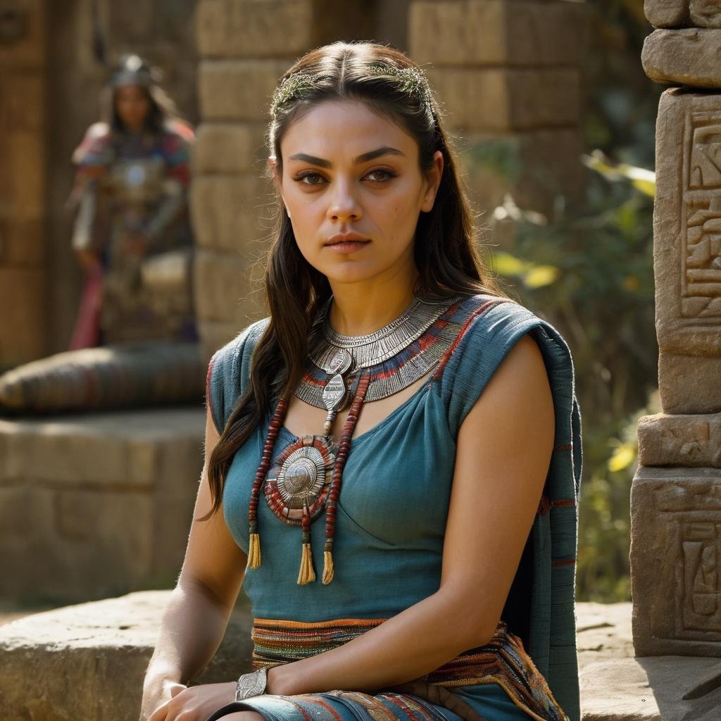 mila_kunis,Relaxing Atmosphere, famous aztec woman, aztec priestess, aztec temple, overgrown temple ruin, cinematic scene, sitting on stone throne, aztec guards in background, calming style, soothing colors, peaceful, <lora:MilaKunisXL:1>, ((perfect eyes, detailed eyes,realistic eyes)), ((sharp face, detailed face, realistic face, naturtal skin, realistic skin, detailed skin, pores))