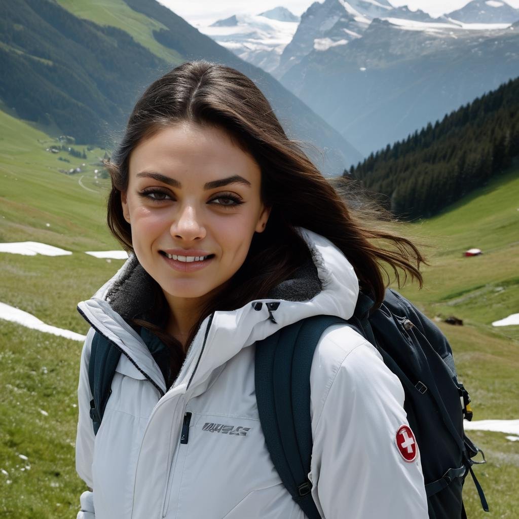 mila_kunis,long hair, smiling, hiking in the Swiss Alps, winter gear, snow-capped peaks in background,<lora:MilaKunisXL:1>, ((sharp face, detailed face, realistic face, naturtal skin, realistic skin, detailed skin, pores)), ((perfect eyes, detailed eyes,realistic eyes))