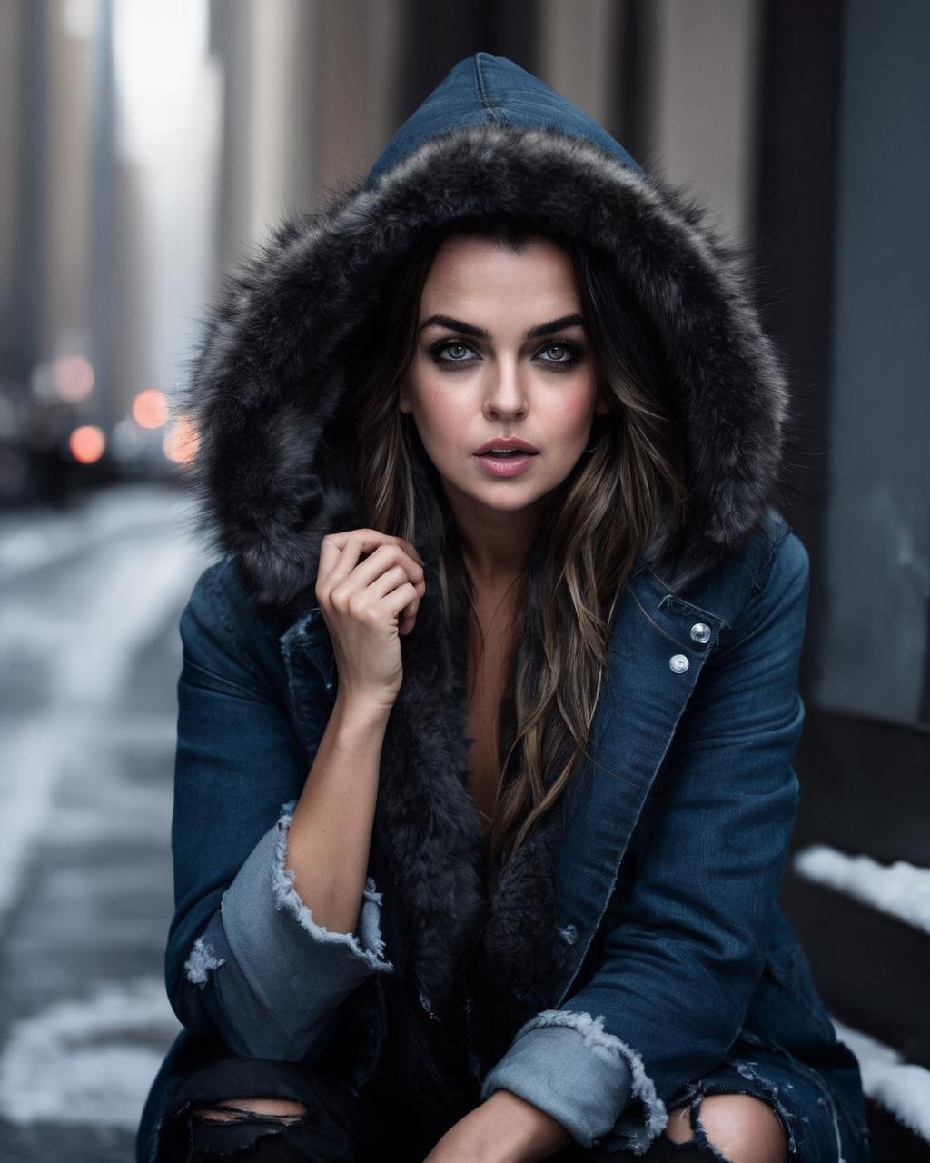 bianca_bradey, <lora:BiancaBradeyXL:1>,solo, black hair, hat, jacket, boots, pants, hood, coat, torn clothes, fur trim, makeup, ring, denim, jeans, realistic, one knee, torn pants, torn jeans, ((perfect eyes, detailed eyes,realistic eyes)), ((sharp face, detailed face, realistic face, naturtal skin, realistic skin, detailed skin, pores))