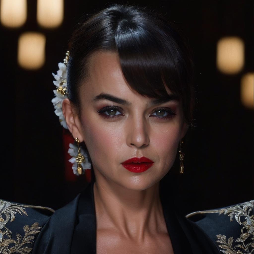 bianca_bradey,<lora:BiancaBradeyXL:1>, solo, short hair, brown hair, black hair, cleavage, jewelry, upper body, earrings, japanese clothes, looking to the side, makeup, looking away, lipstick, realistic, red lips, ((perfect eyes, detailed eyes,realistic eyes)), ((sharp face, detailed face, realistic face, naturtal skin, realistic skin, detailed skin, pores))