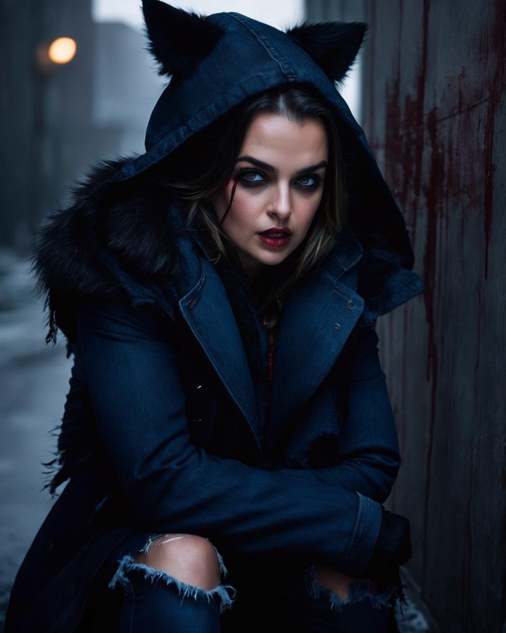 bianca_bradey, <lora:BiancaBradeyXL:1>,solo, black hair, hat, jacket, boots, pants, hood, coat, torn clothes, fur trim, blood, makeup, ring, denim, jeans, realistic, one knee, torn pants, torn jeans, ((perfect eyes, detailed eyes,realistic eyes)), ((sharp face, detailed face, realistic face, naturtal skin, realistic skin, detailed skin, pores))