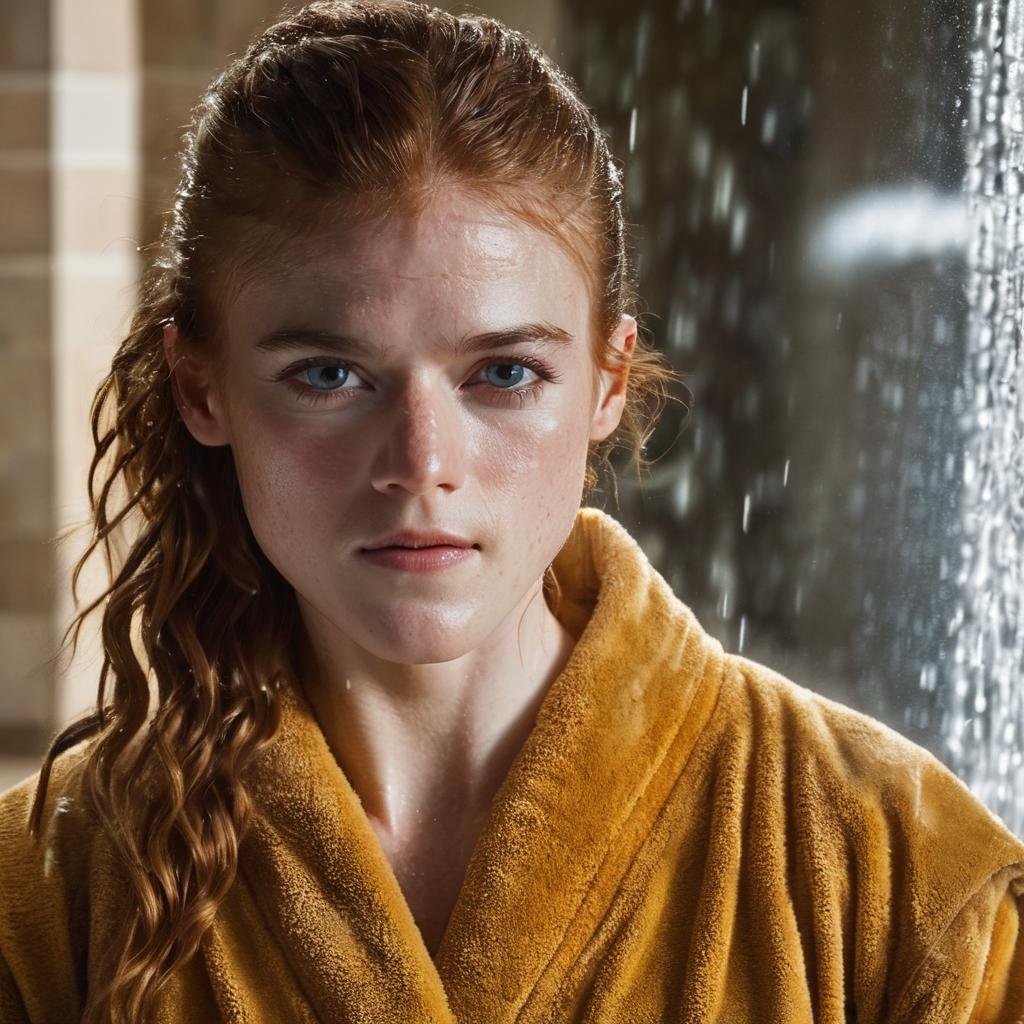 rose_leslie, <lora:RoseLeslieXL:1>, (bathrobe), wet hair, (long messy curly hair), luxury bathroom with expensive interior, large bathroom, black and gold tiles, running shower in background, water drops, (steam), (backlight), looking at viewer, ((perfect eyes, detailed eyes,realistic eyes)), ((sharp face, detailed face, realistic face, naturtal skin, realistic skin, detailed skin, pores))