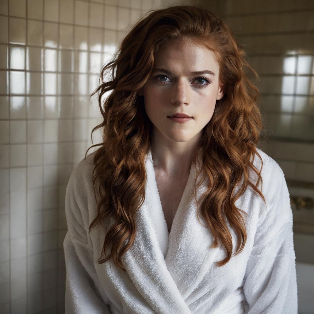 rose_leslie, <lora:RoseLeslieXL:1>, woman, bathrobe, printed panties, (long messy curly hair), (in a luxury bathroom), tiles, (steam), (backlight), looking at viewer, ((perfect eyes, detailed eyes,realistic eyes)), ((sharp face, detailed face, realistic face, naturtal skin, realistic skin, detailed skin, pores))