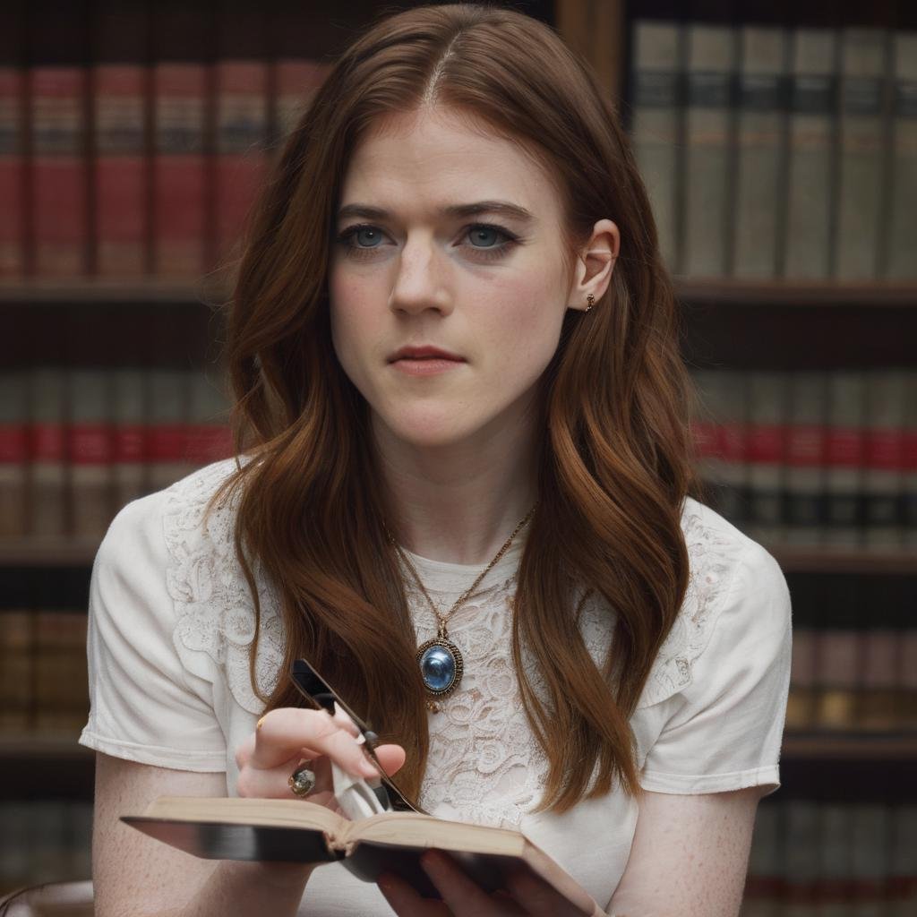 rose_leslie, <lora:RoseLeslieXL:1>, long hair, shirt, holding book, jewelry, white shirt, short sleeves, indoors, necklace, bracelet, looking to the side, looking away, ring, denim, in front of a table, smartphone and documents on table, pendant, jeans, realistic, bookshelf, library, ((perfect eyes, detailed eyes,realistic eyes)), ((sharp face, detailed face, realistic face, naturtal skin, realistic skin, detailed skin, pores))
