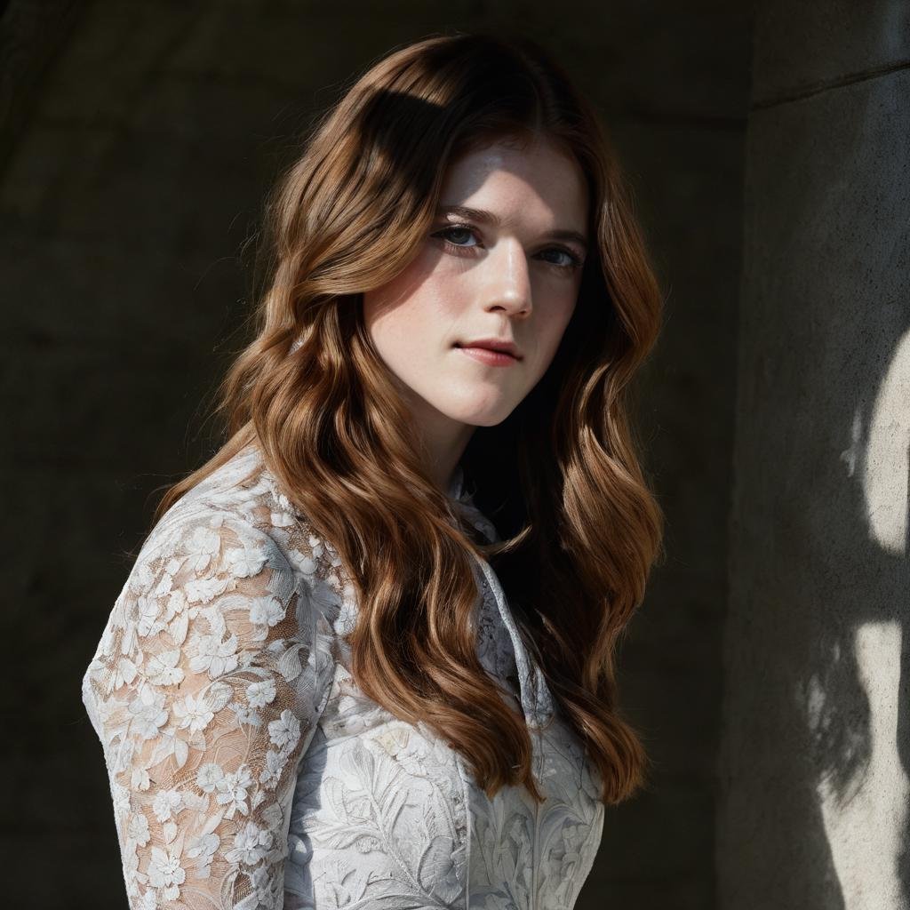rose_leslie, <lora:RoseLeslieXL:1>, solo, long hair, looking at viewer, simple background, dress, upper body, white dress, wavy hair, floral print, realistic, ((perfect eyes, detailed eyes,realistic eyes)), ((sharp face, detailed face, realistic face, naturtal skin, realistic skin, detailed skin, pores)), (masterpiece, best quality, ultra-detailed, best shadow), high contrast, (best illumination), ((cinematic light)), colorful, hyper detail, dramatic light, intricate details, (1 girl, solo) , ultra detailed artistic photography, dreamy, backlit, shadows, ultra high definition, 8k, ultra sharp focus, ultra high quality model, soft lighting, film photography, analogue photography, hyperrealism,