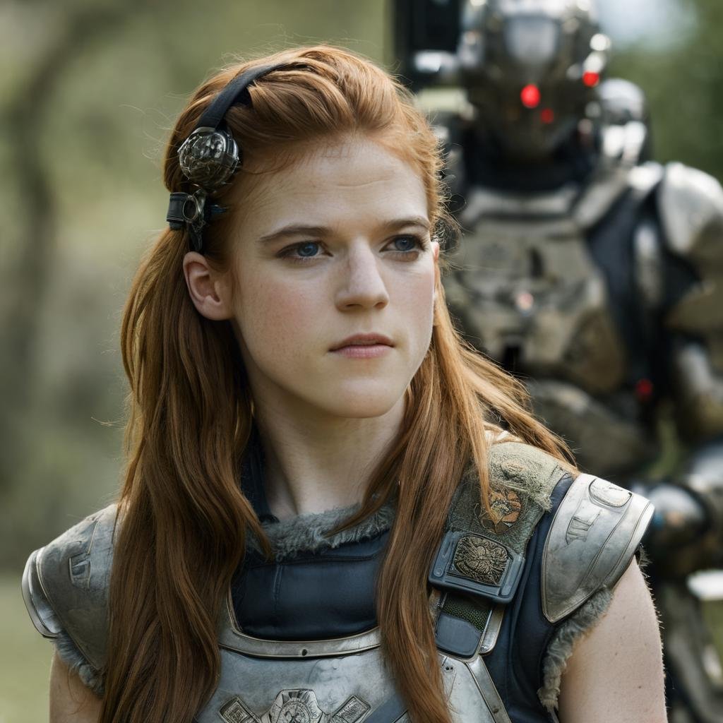 rose_leslie, <lora:RoseLeslieXL:1>, long hair, looking at viewer, blonde hair, gloves, belt, fingerless gloves, realistic, cyborg, ammunition belt, ((sharp face, detailed face, realistic face, naturtal skin, realistic skin, detailed skin, pores)), ((perfect eyes, detailed eyes,realistic eyes))