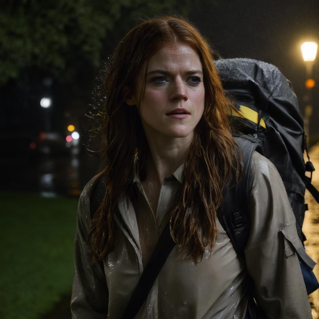 rose_leslie, <lora:RoseLeslieXL:1>, portrait, close up, tourist, (( very long hair, hair over eye, hair in face, backpack, wild hair, raids, wet hair, wet skin, wet body, soaking wet)), wearing casual clothing, dirty, messy, raining, foggy, dim light, noir style, city at night, ((perfect eyes, detailed eyes,realistic eyes)), ((sharp face, detailed face, realistic face, naturtal skin, realistic skin, detailed skin, pores))