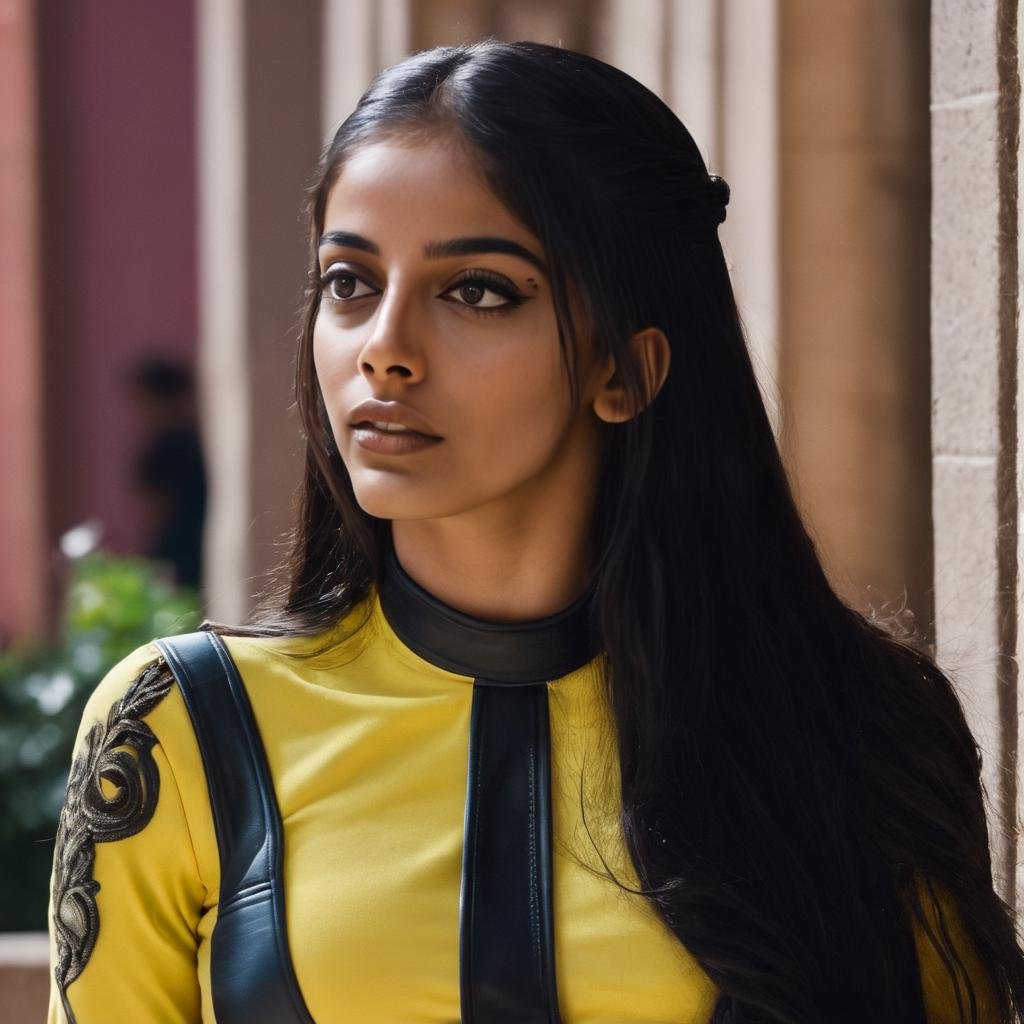 banita_sandhu,  <lora:BanitaSandhuXL:1>, long hair, yellow black bodysuit, BREAK, full body leather suit, black shirt, black collar, choker, city, very long hair, braids wintails, pink ribbon in hair, BREAK, looking at viewer, portrait, close up, solo, ((perfect eyes, detailed eyes,realistic eyes)), ((sharp face, detailed face, realistic face, naturtal skin, realistic skin, detailed skin, pores))