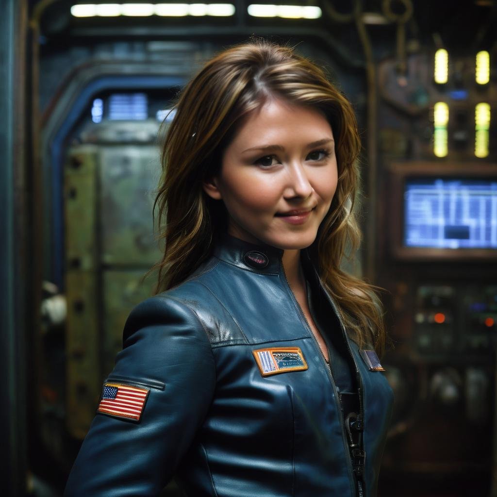 jewel_staite, <lora:JewelStaiteXL:1>, mechanic woman,  old mechanic leather suit, oil stained face, oil stains, dirty clothes, smiling, dramatic lighing, dark atmosphere, looking at the viewer,starship engine room in background, scifi movie style, ((perfect eyes, detailed eyes,realistic eyes)), ((sharp face, detailed face, realistic face, naturtal skin, realistic skin, detailed skin, pores))