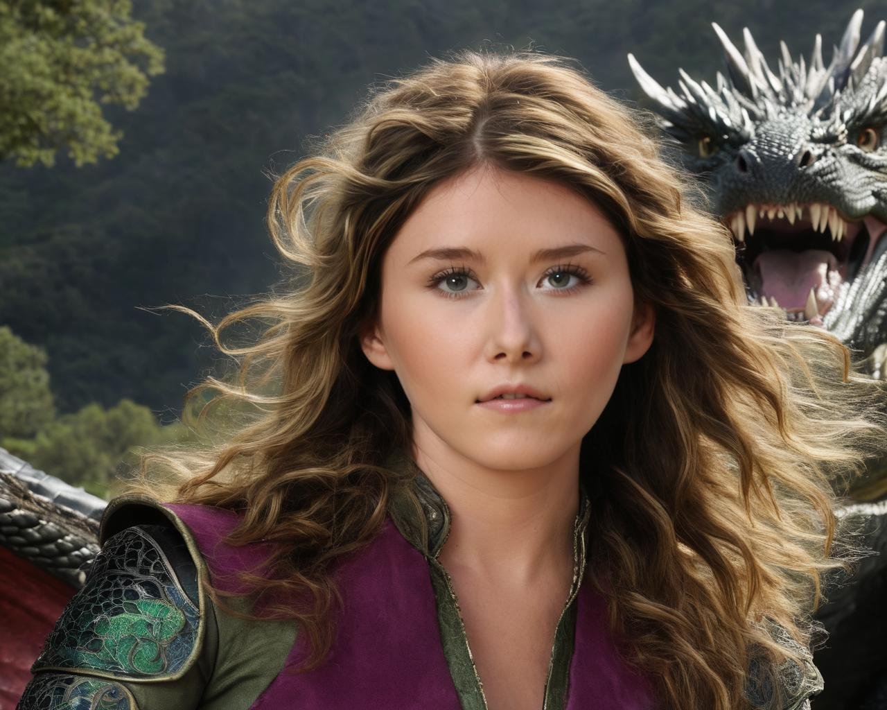 jewel_staite, <lora:JewelStaiteXL:1>,photo of a mad dragon lady, ((riding on a giant dragon)), large valley, small dragons flying, (wavy hair messy hair), ((perfect eyes, detailed eyes,realistic eyes)), ((sharp face, detailed face, realistic face, naturtal skin, realistic skin, detailed skin, pores))