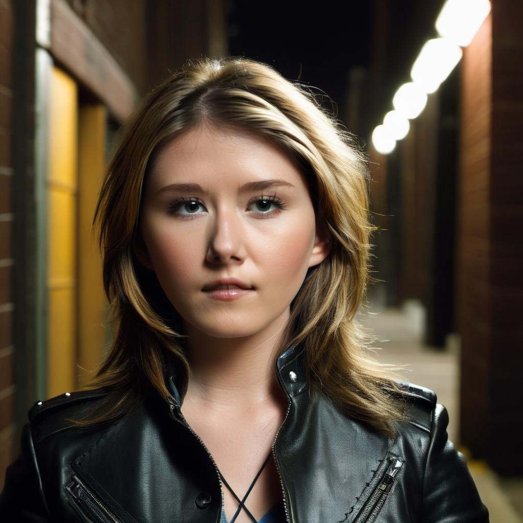 jewel_staite,<lora:JewelStaiteXL:1>,Street photography of a woman with long hair, in a dark alley, wearing a leather jacket, jeans, studded choker,looking at viewer, ((perfect eyes, detailed eyes,realistic eyes)), ((sharp face, detailed face, realistic face, naturtal skin, realistic skin, detailed skin, pores))